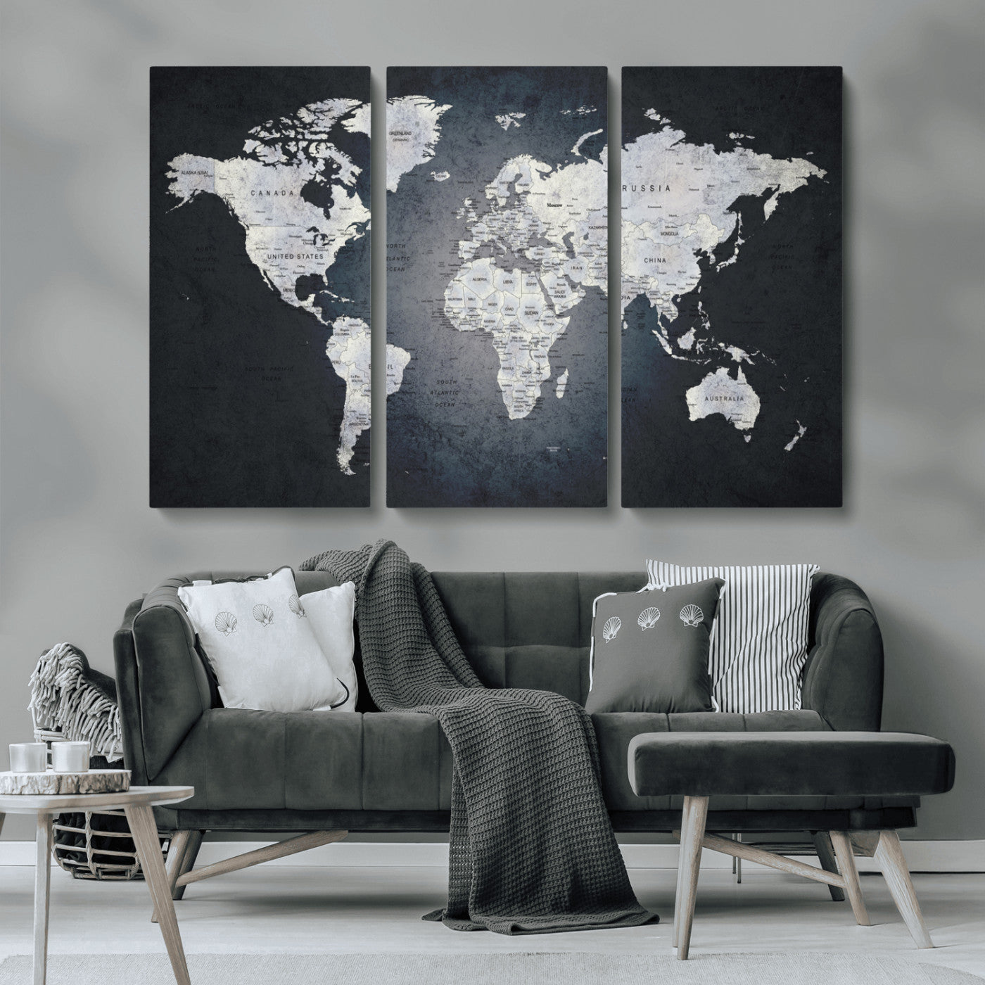 19124-MGV-CV-36X24-Modern World Map Wall Art – Black and White Canvas Print, Minimalist Global Map Decor for Office, Study, Bedroom or Living Room