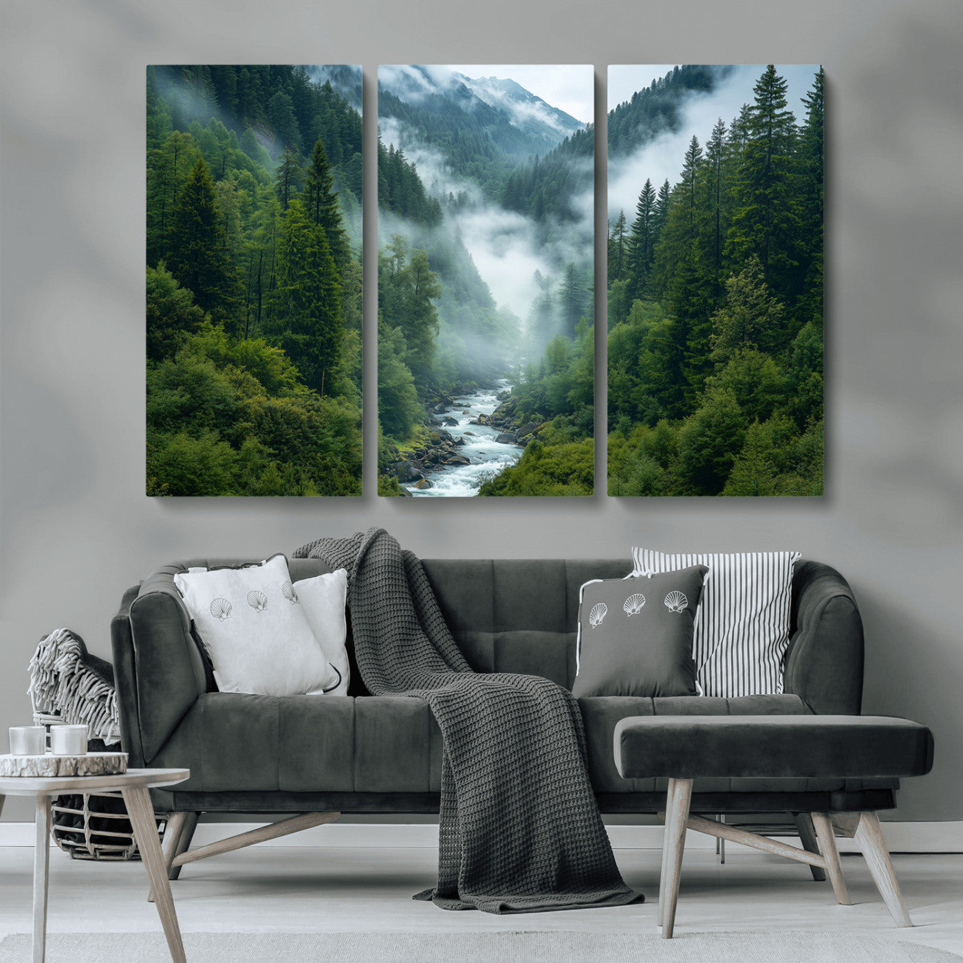 69453-MGV-CV-36X24-Mountain Forest Wall Art – Misty River and Evergreen Landscape Canvas Print, Nature Photography Poster for Living Room, Bedroom,