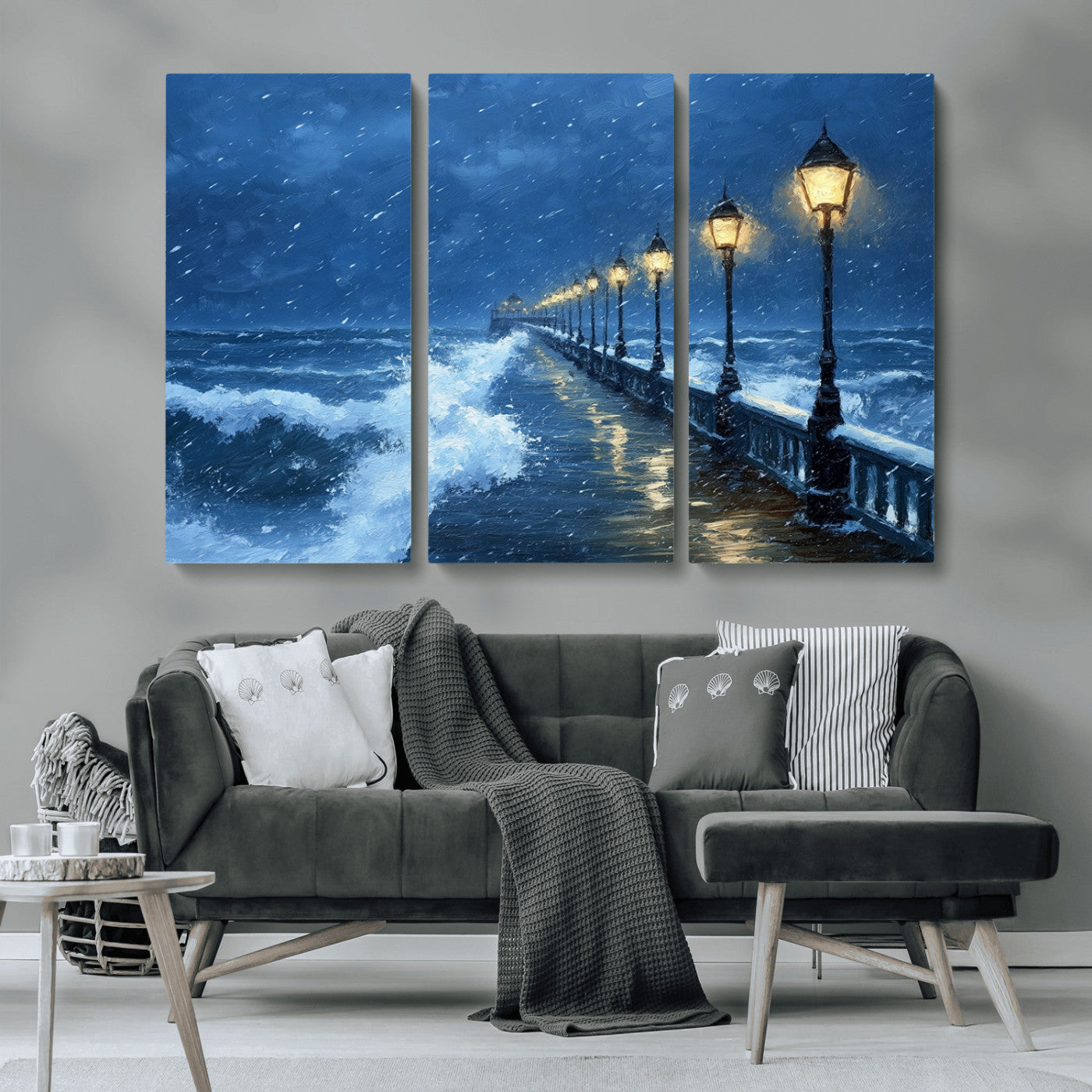 32668-MGV-CV-36X24-Stormy Pier Wall Art – Ocean Waves and Street Lamps Canvas Print, Rainy Night Seascape Oil Painting Poster for Living Room,