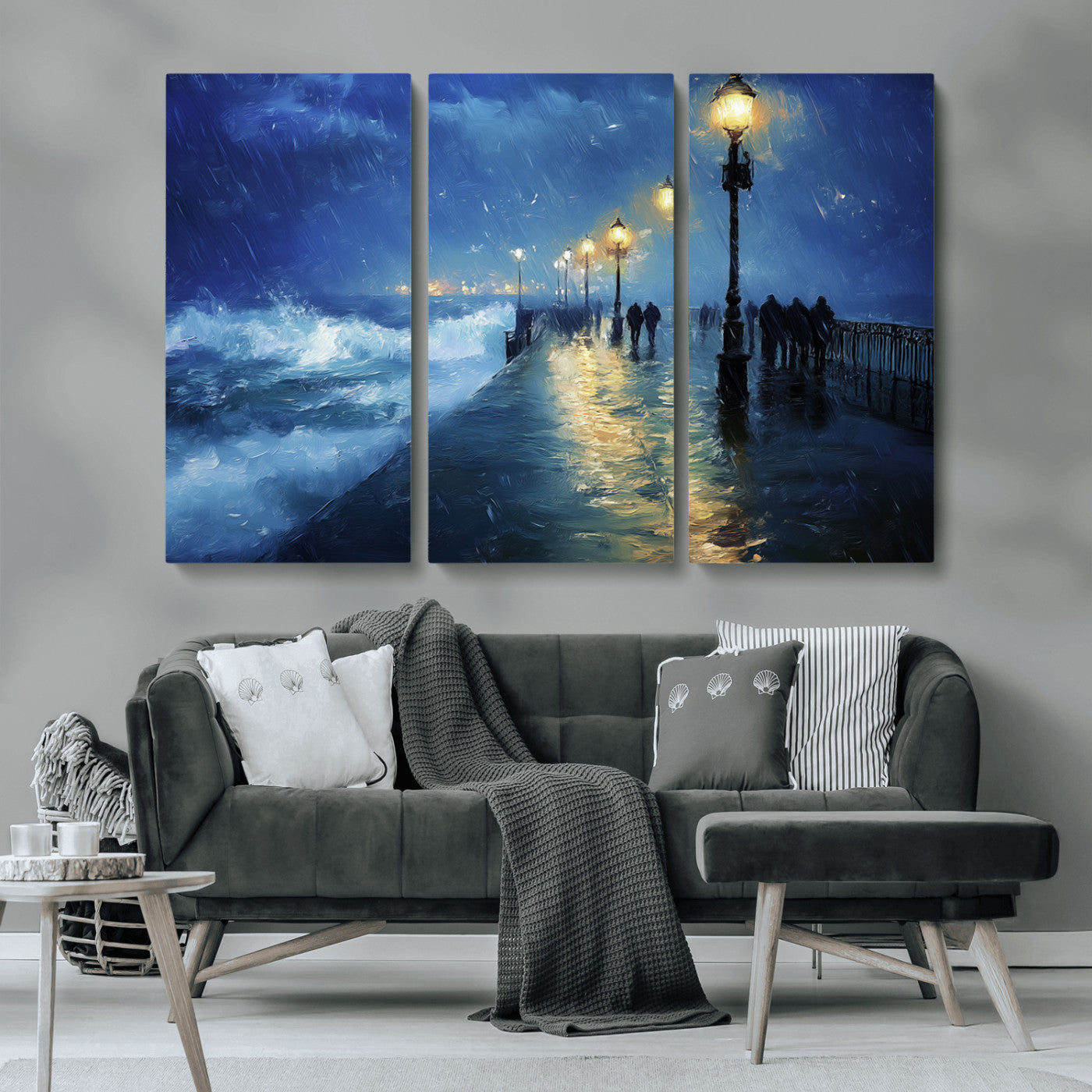 94571-MGV-CV-36X24-Seaside Night Wall Art – Ocean Waves and Street Lamps Canvas Print, Rainy City Pier Oil Painting Poster for Living Room, Bedroom,