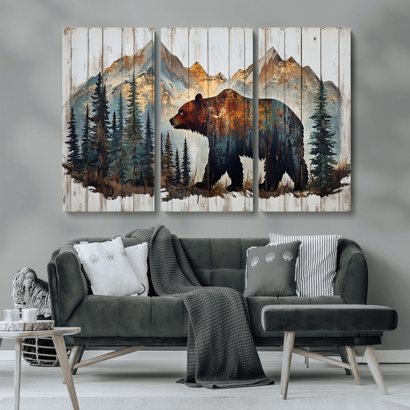 55777-MGV-CV-36X24-Rustic Bear Wall Art Canvas Print, Framed Mountain and Forest Art Picture Print, Wooden Bear Perfect Rustic Lodge Decor Artwork