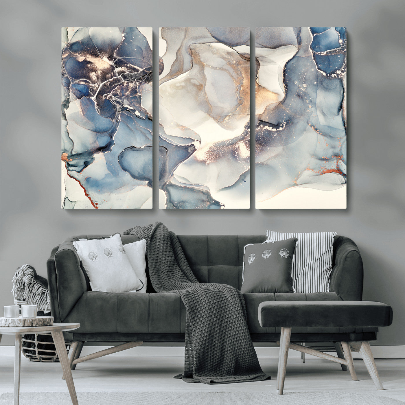 51497-MGV-CV-36X24-Abstract Blue and Gold Wall Art – Modern Fluid Ink Style Canvas Print, Elegant Contemporary Decor for Living Room, Office