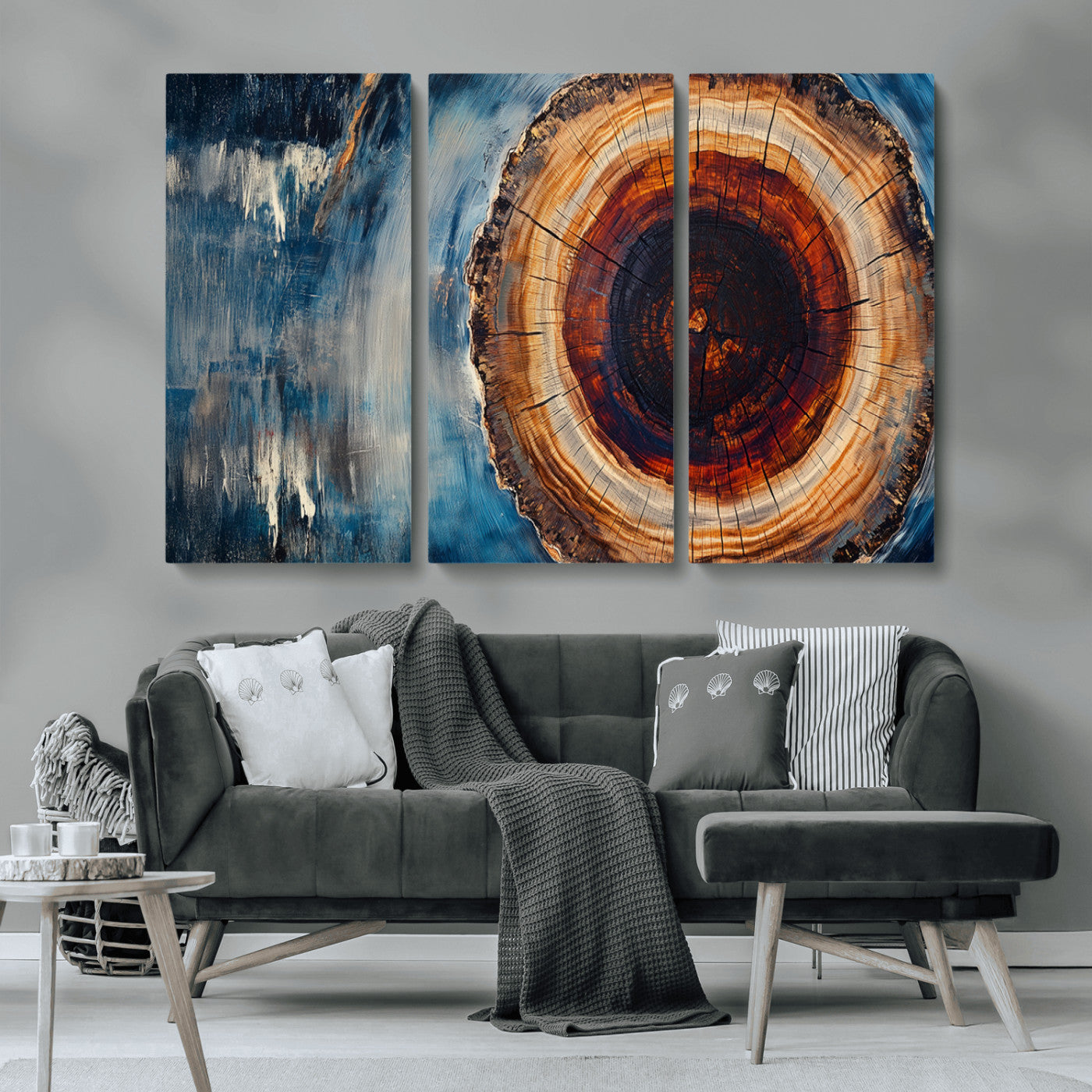 48045-MGV-CV-36X24-Tree Ring Abstract Wall Art – Rustic Wood Grain Canvas Print with Brown Center and Blue Brush Strokes, Nature Inspired Artwork for