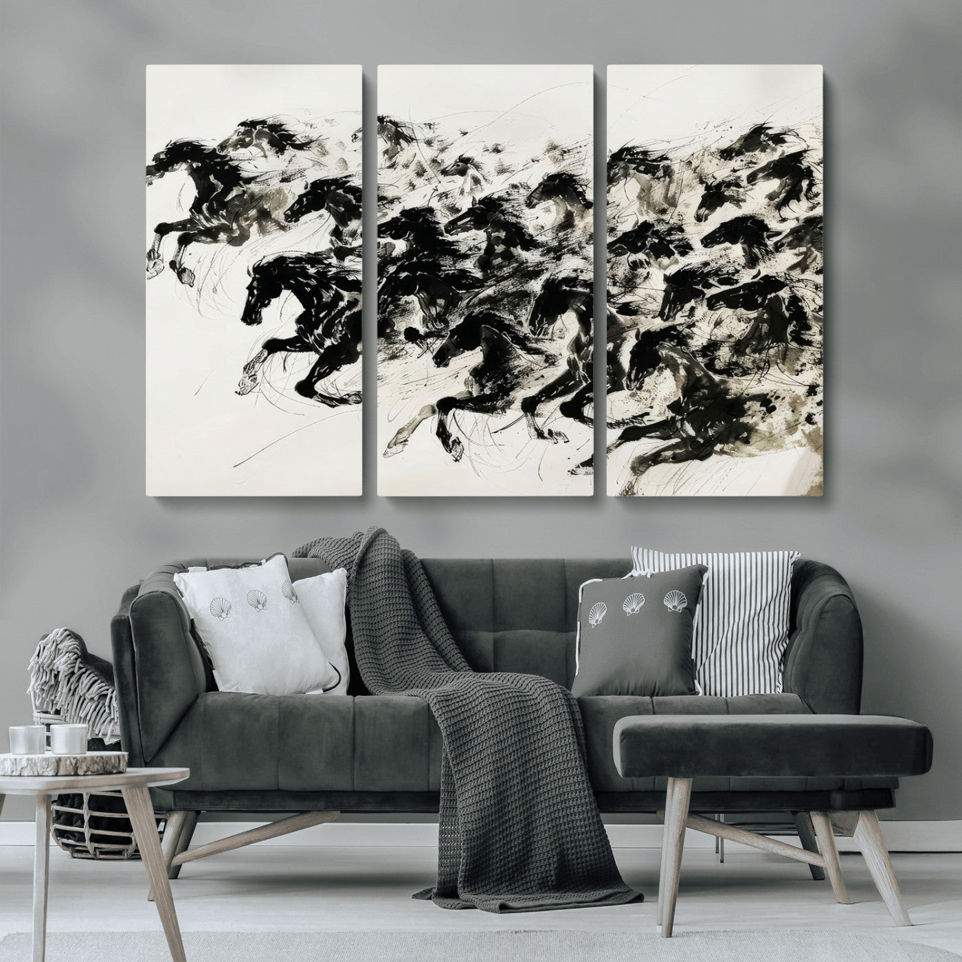 23069-MGV-CV-36X24-Galloping Horses Wall Art – Black Ink Painting on Canvas, Dynamic Equestrian Artwork with Running Stallions, Expressive Modern