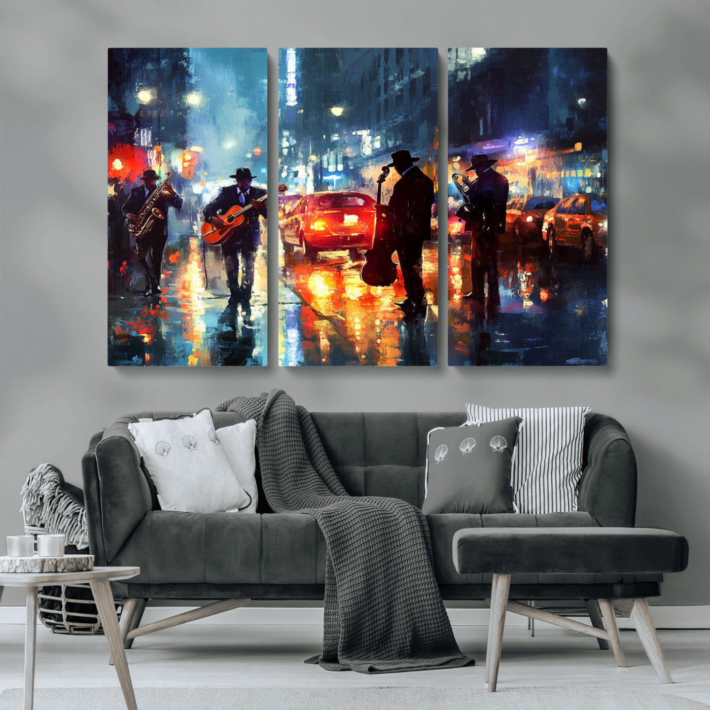 94605-MGV-CV-36X24-City Jazz Night Wall Art – Vibrant Music Canvas Print Featuring Saxophone, Guitar and Bass Players, Urban Street Scene Artwork for