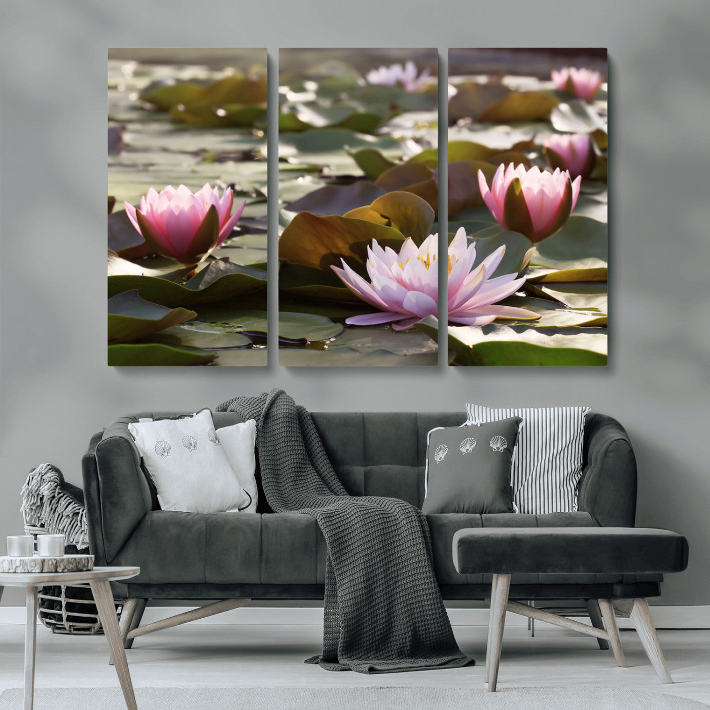 72218-MGV-CV-36X24-Water Lily Pond Wall Art – Pink Lotus Flowers Canvas Print with Green Lily Pads, Peaceful Botanical Artwork for Living Room,