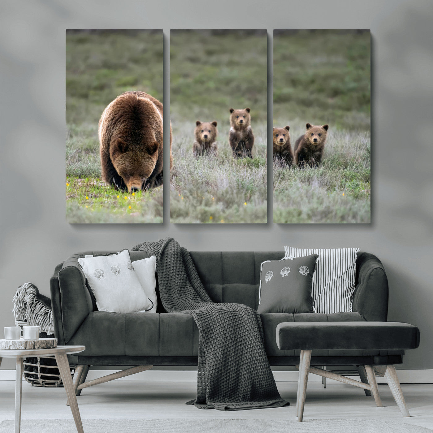 65087B-MGV-CV-36X24-Bear Family Wall Art – Wildlife Canvas Print Featuring Mother Bear with Cubs in Nature, Rustic Animal Artwork for Living Room,