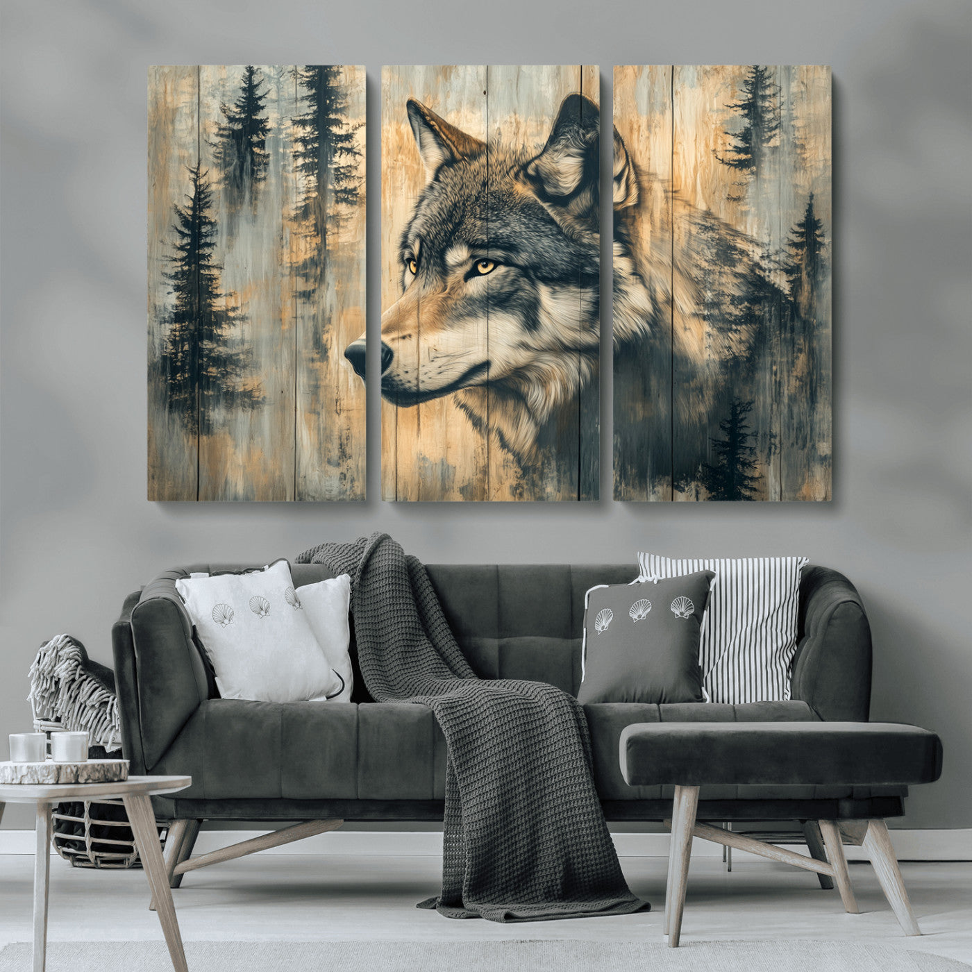 51892-MGV-CV-36X24-Wolf Wall Art – Rustic Canvas Print of Wolf with Forest Trees on Wood Texture, Wildlife Lodge Artwork for Living Room, Bedroom,