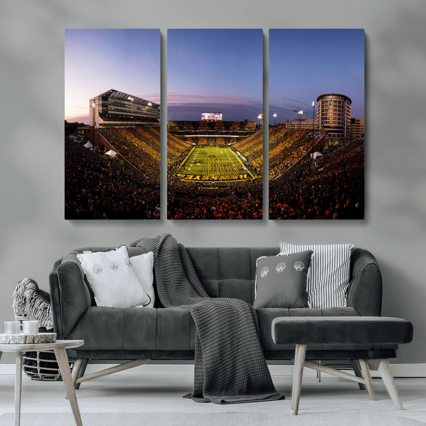 82557-MGV-CV-36X24-College Football Stadium Wall Art – Panoramic Sunset Canvas Print with Marching Band and Game Day Crowd, Sports Artwork for Man