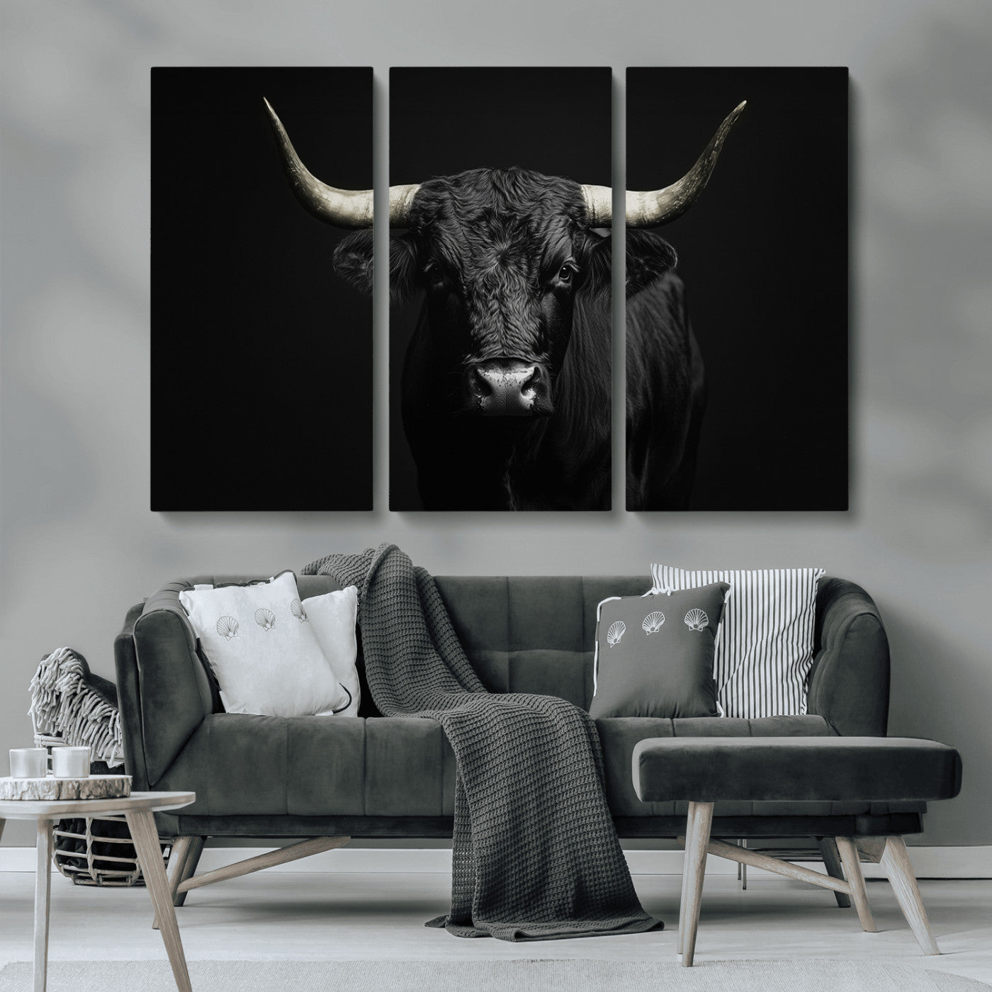 97914921-MGV-CV-36X24-Black Bull Wall Art Canvas Print, Framed Longhorn Bull Art Picture Print, Western Bull Perfect Monochrome Western Decor Artwork
