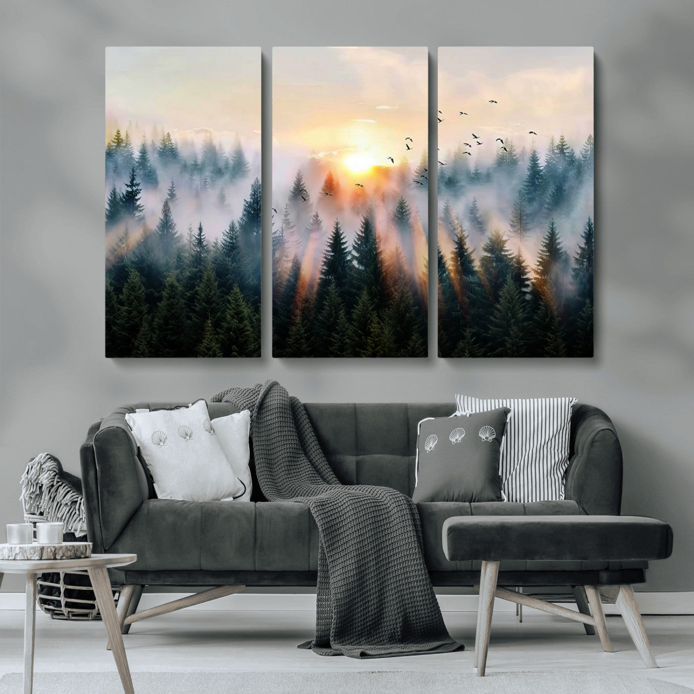 56391411-MGV-CV-36X24-Misty Forest Wall Art Canvas Print, Framed Sunrise Pines Art Picture Print, Moody Pines Perfect Serene Woodland Decor Artwork