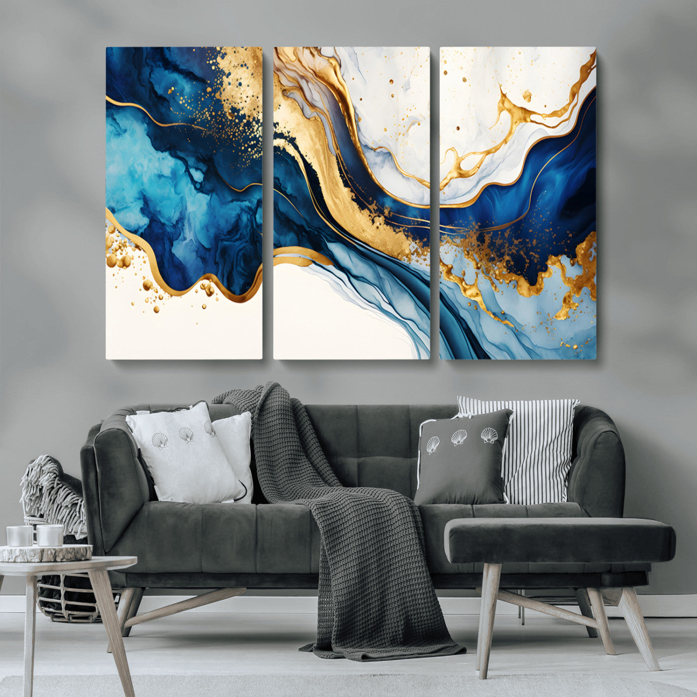 60283636-MGV-CV-36X24-Blue Gold Flow Wall Art Canvas Print, Framed Marble Texture Art Picture Print, Elegant Splash Perfect Elegant Abstract Decor