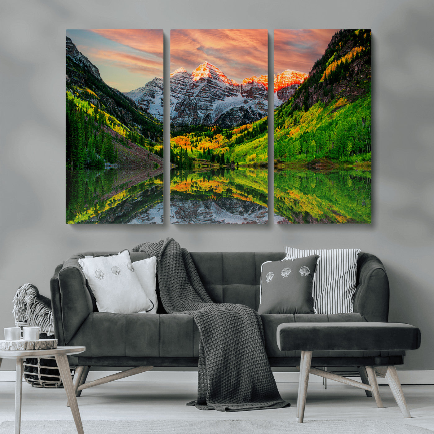 59533484-MGV-CV-36X24-Maroon Bells Autumn Wall Art – Panoramic Mountain Landscape Canvas Print, Sunset Reflection Nature Artwork for Living Room, Office