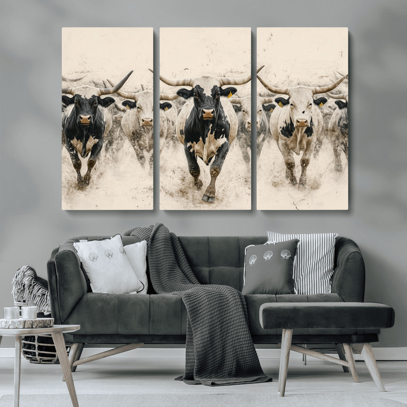 61538944-MGV-CV-36X24-Texas Longhorn Wall Art Canvas Print, Framed Cattles Walking Art Picture Print, Black White Bulls Perfect Rustic Western Decor