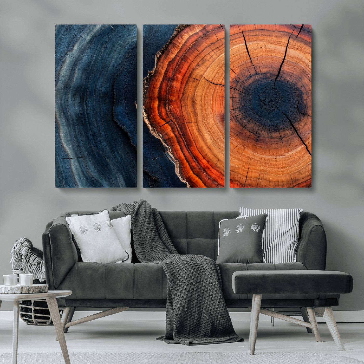57732250-MGV-CV-36X24-Tree Ring Abstract Wall Art – Blue Orange Wood Grain Canvas Print, Modern Rustic Nature Artwork for Living Room, Office,