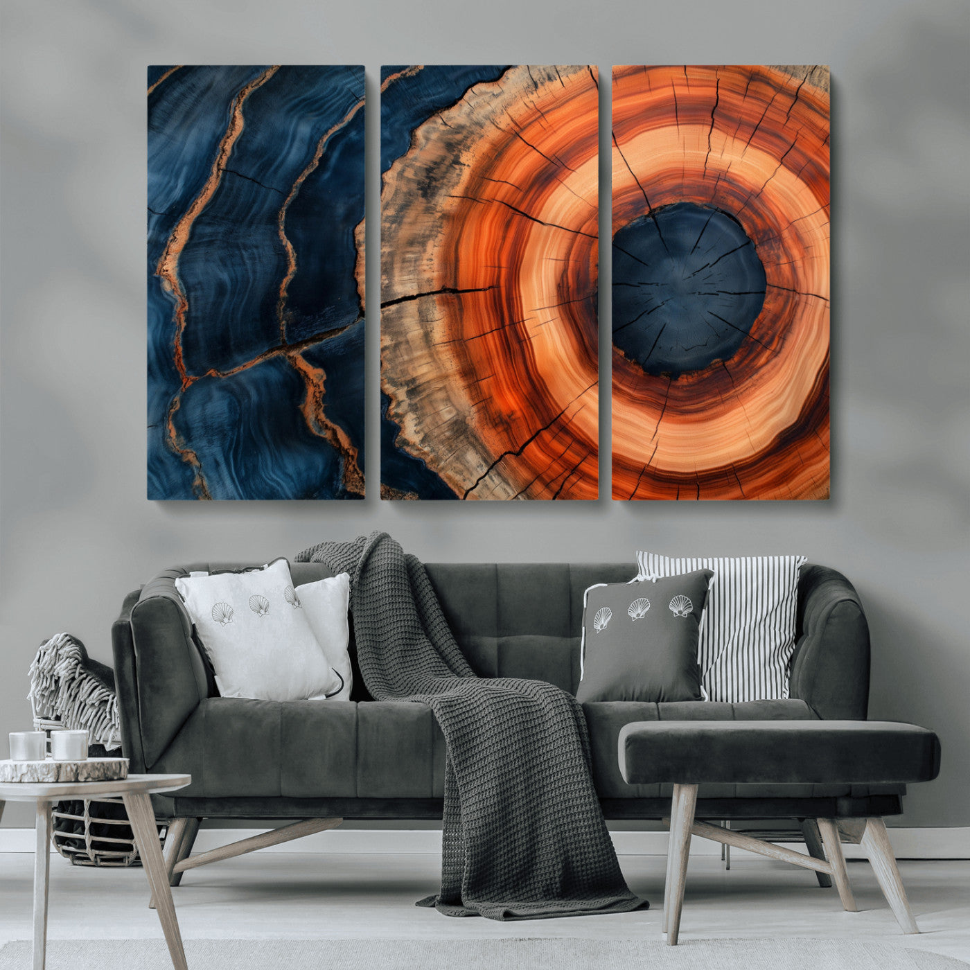 41123192-MGV-CV-36X24-Tree Ring Canvas Wall Art – Abstract Blue Orange Wood Grain Print, Rustic Modern Nature Artwork for Living Room, Bedroom, Office