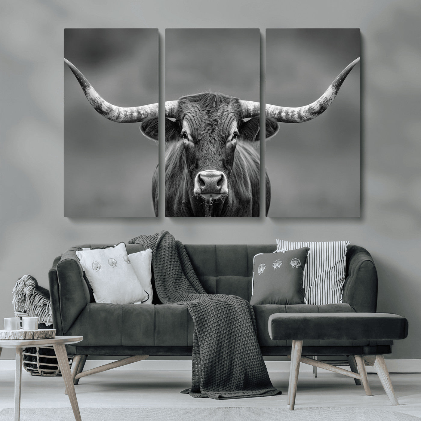 81228550-MGV-CV-36X24-Framed Texas Longhorn Bull Art Canvas Print, Western Bull Wall Art Print, Long Horn Bull Photo Print for Log Cabin, Large Bull