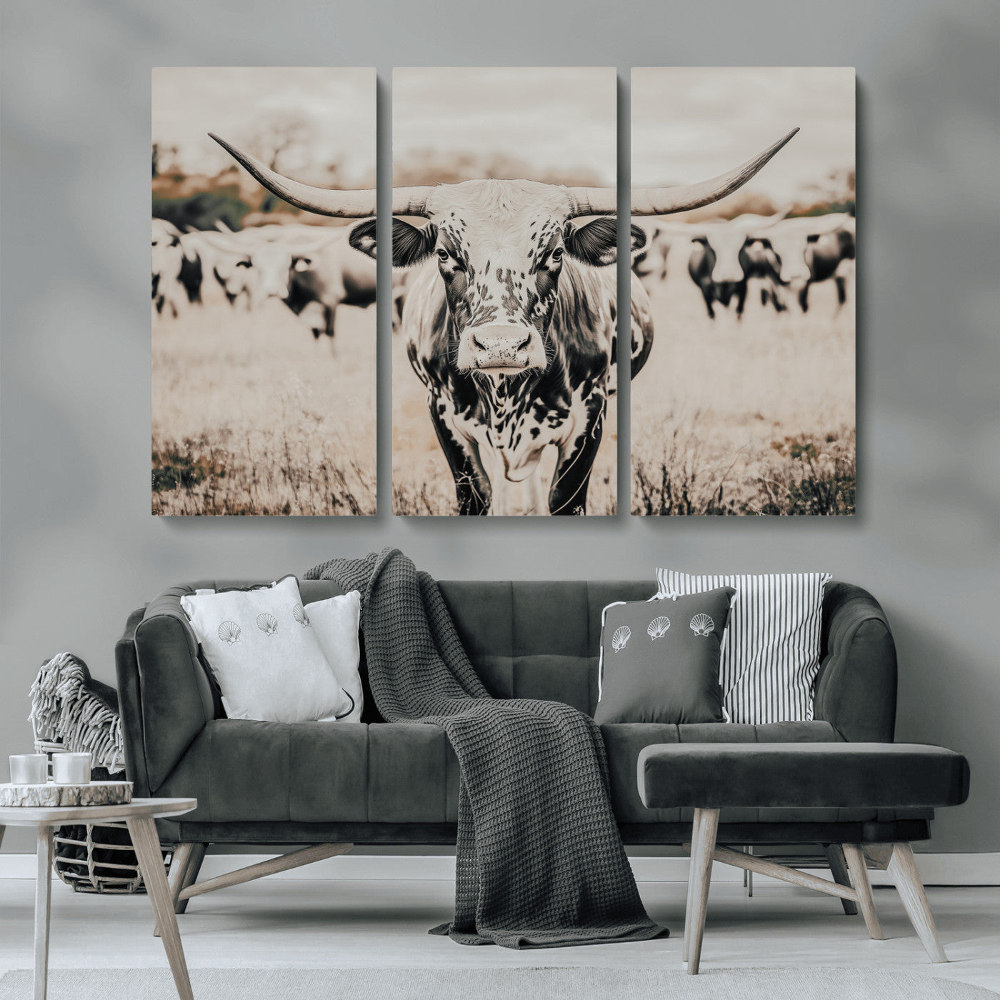 27497342-MGV-CV-36X24-Texas Longhorn Wall Art Canvas Print, Framed Speckled Cow Art Picture Print, Horned Cattle Perfect Rustic Western Decor Artwork