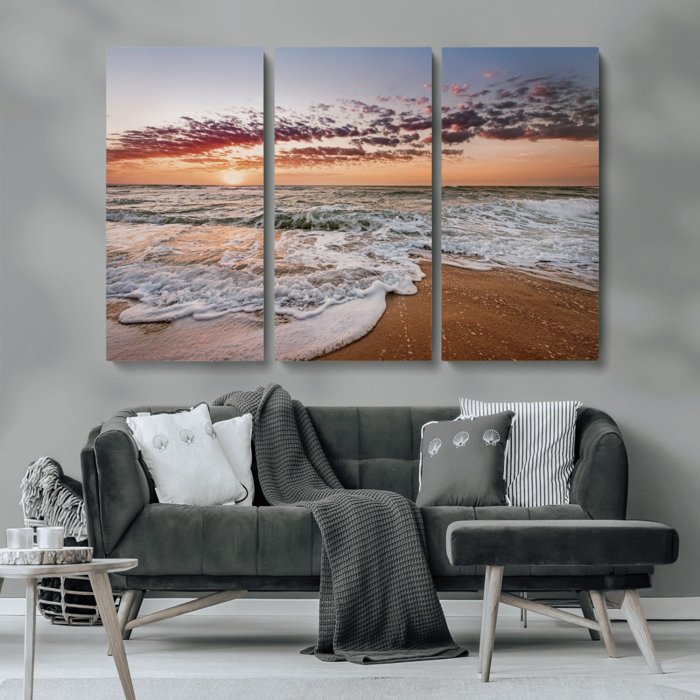 39846389-MGV-CV-36X24-Ocean Sunset Wall Art Canvas Print, Framed Sandy Shore Art Picture Print, Gentle Waves Perfect Minimalist Coastal Decor Artwork