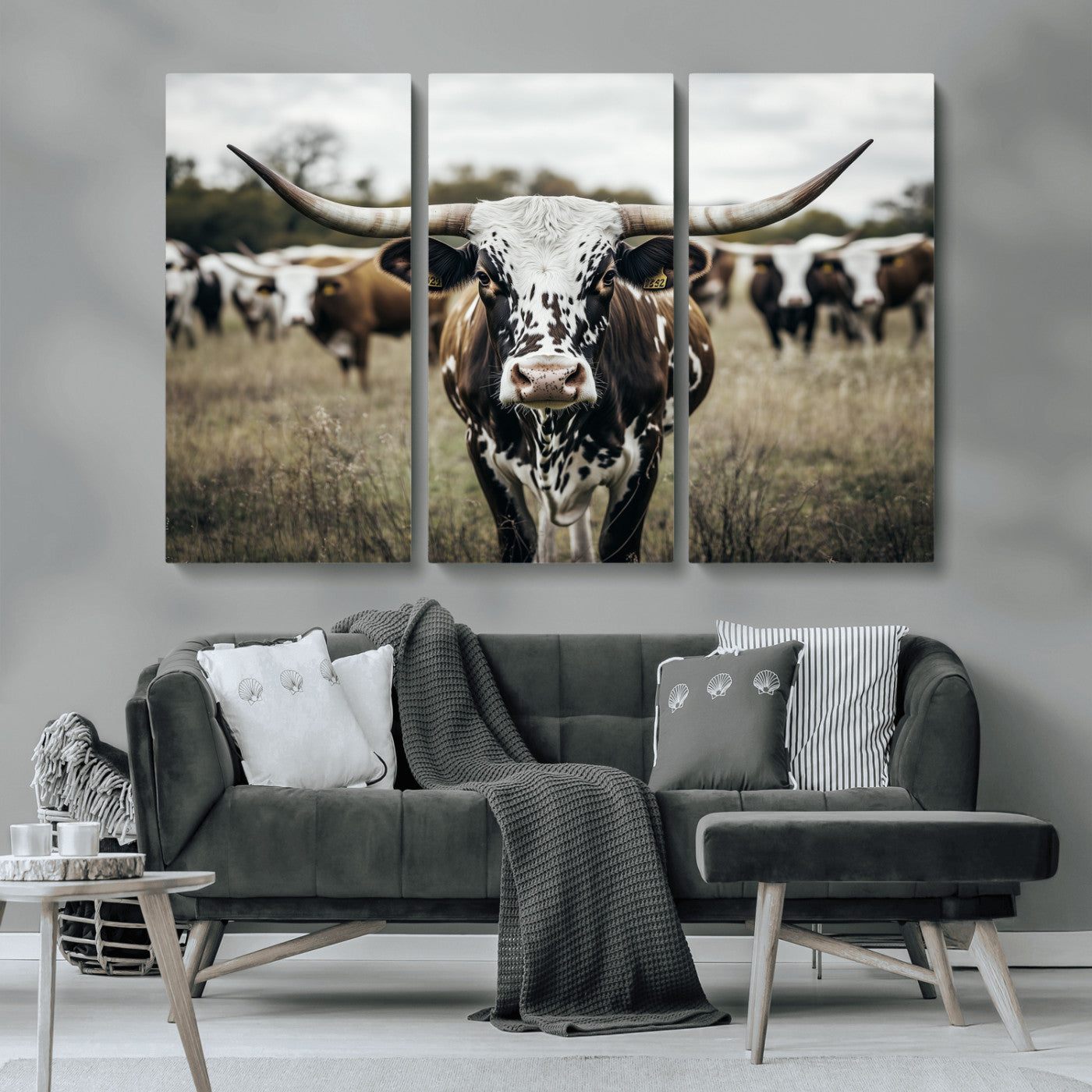 79025945-MGV-CV-36X24-Texas Longhorn Wall Art Canvas Print, Framed Speckled Cow Art Picture Print, Horned Cattle Perfect Rustic Western Decor Artwork