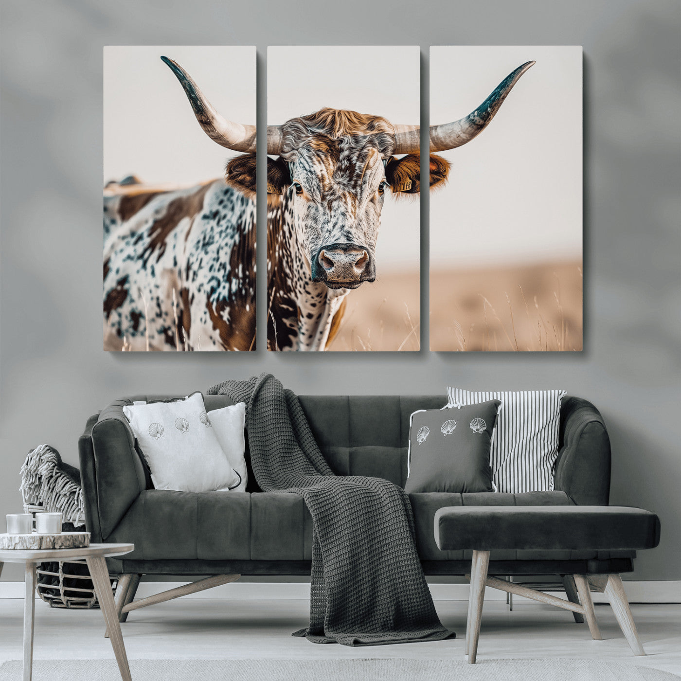 70414966-MGV-CV-36X24-Texas Longhorn Wall Art Canvas Print, Framed Speckled Cow Art Picture Print, Horned Bull Perfect Rustic Western Decor Artwork