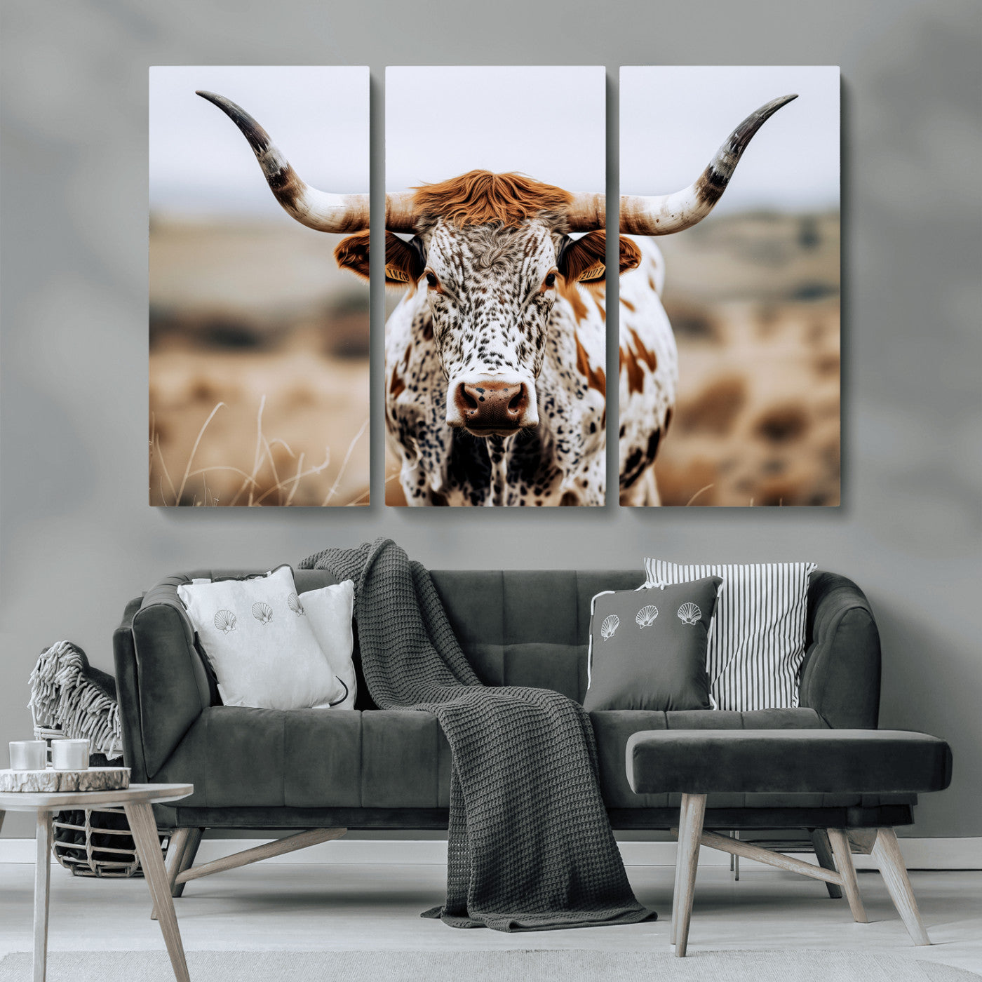 76294381-MGV-CV-36X24-Texas Longhorn Wall Art Canvas Print, Framed Spotted Cow Art Picture Print, Horned Cattle Perfect Rustic Western Decor Artwork