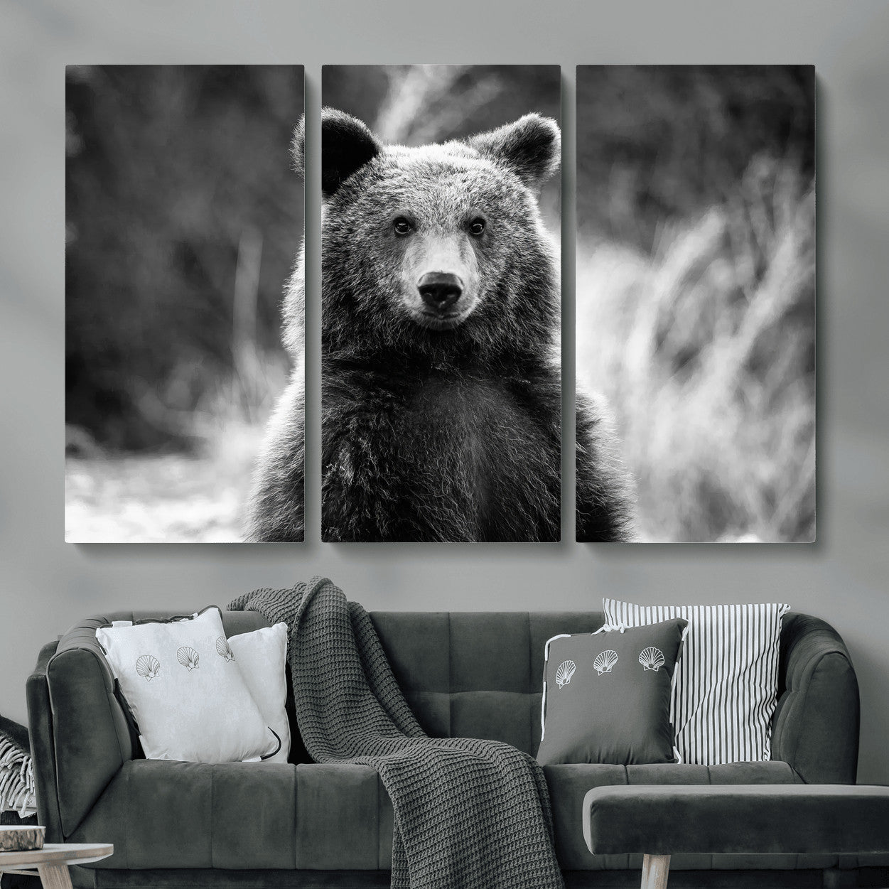MGV-CV-48X32-3P - Grizzly Bear Wall Art Canvas Print, Framed Black White Bear Art Picture Print, Wild Bear Perfect Rustic Wildlife Decor Artwork