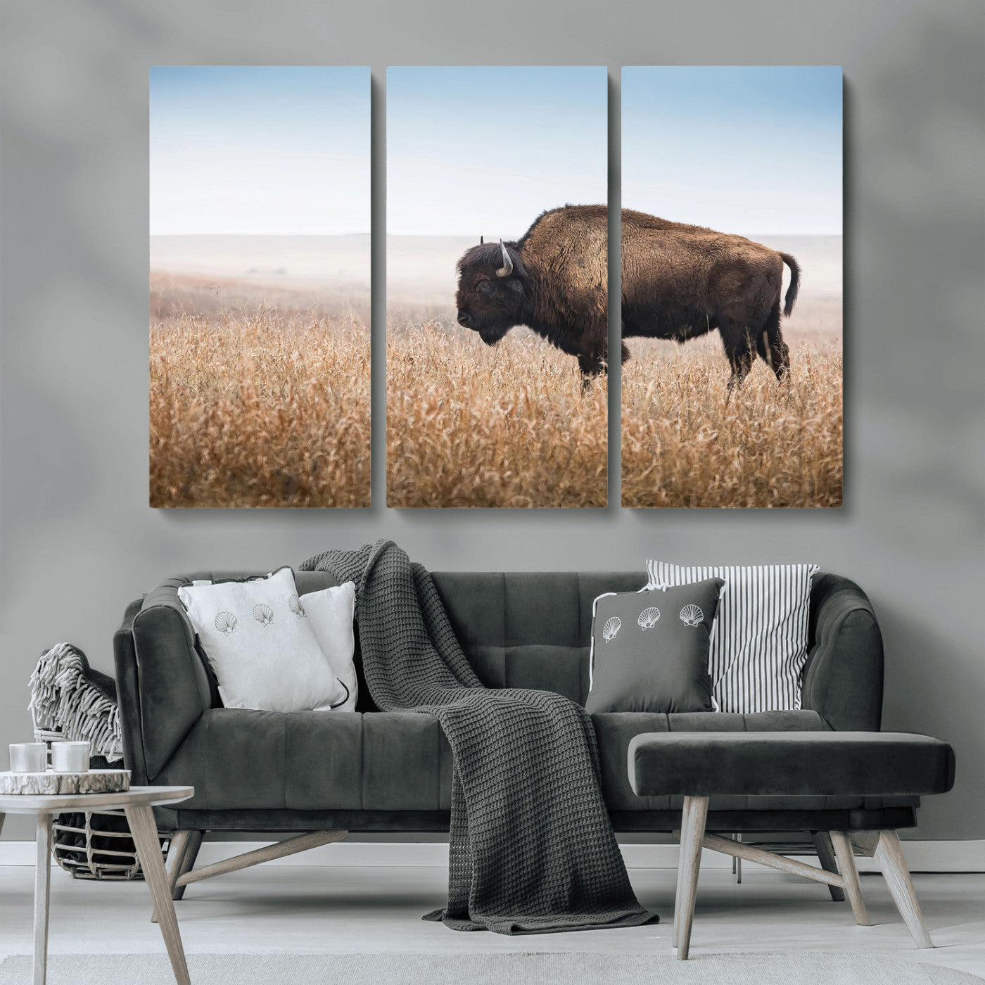 91267849-MGV-CV-36X24-Wild Bison Wall Art Canvas Print, Framed Bison in Prairie Art Picture Print, Rustic Western Perfect Rustic Western Decor Artwork