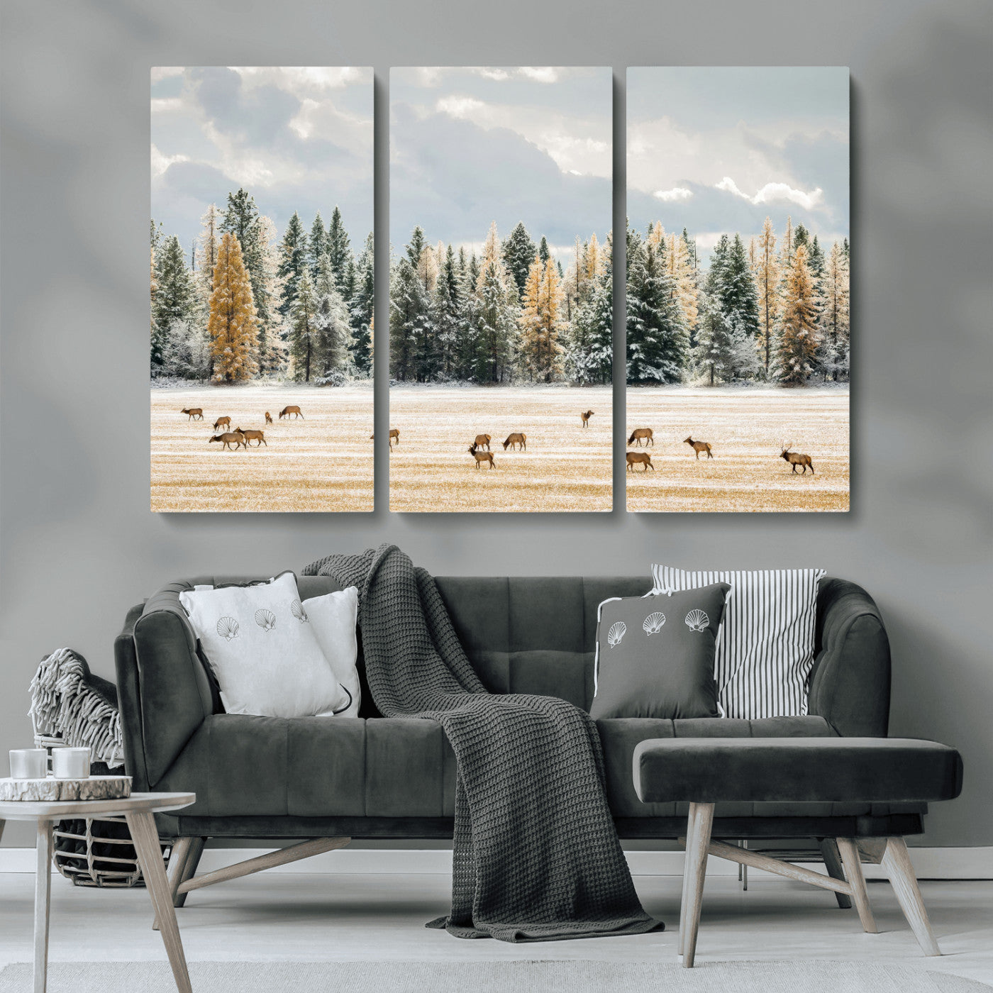 64188182-MGV-CV-36X24-Elk Herd Wall Art Canvas Print, Framed Snowy Forest Art Picture Print, Forest Elks Perfect Neutral Rustic Decor Artwork