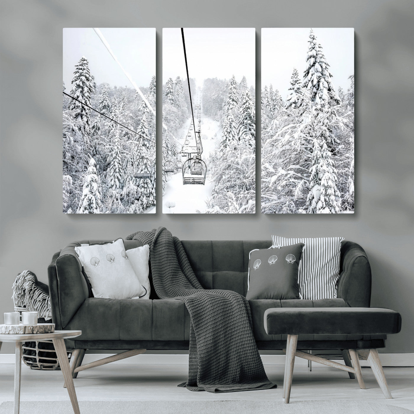60296839-MGV-CV-36X24-Snowy Mountains Wall Art Canvas Print, Framed Ski Lift Art Picture Print, Winter Forest Perfect Winter Minimalist Decor Artwork