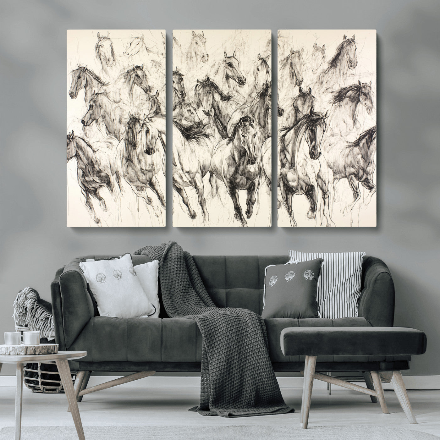 19433417-MGV-CV-36X24-Running Horses Wall Art Canvas Print, Framed Horse Sketch Art Picture Print, Galloping Herd Perfect Monochrome Western Decor