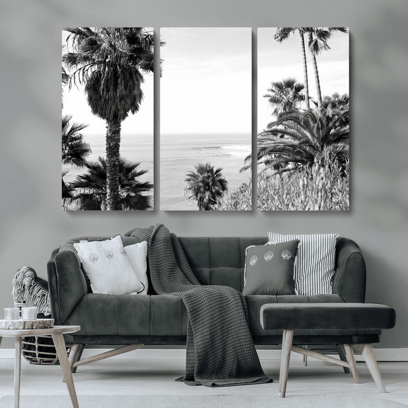 89458520-MGV-CV-36X24-Palm Trees Wall Art Canvas Print, Framed Coastal View Art Picture Print, Ocean Horizon Perfect Monochrome Coast Decor Artwork