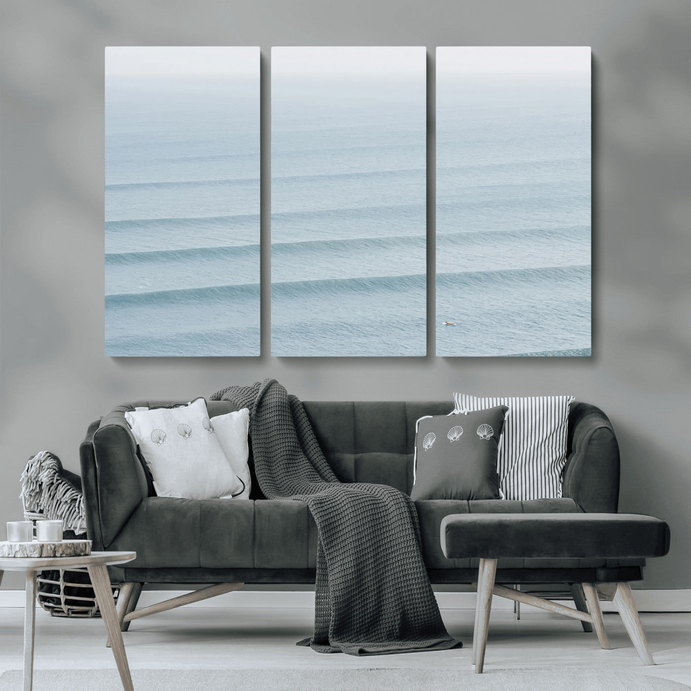 47814787-MGV-CV-36X24-Ocean Waves Wall Art Canvas Print, Framed Solo Surfer Art Picture Print, Wave Lines Perfect Minimalist Ocean Decor Artwork