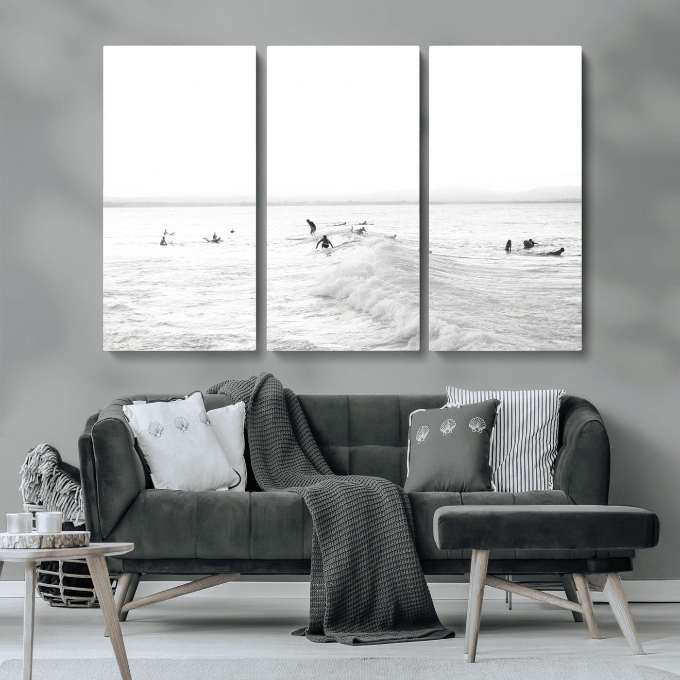 33449548-MGV-CV-36X24-Group Surfers Wall Art Canvas Print, Framed Ocean Wave Art Picture Print, Surf Crowd Perfect Monochrome Surf Decor Artwork