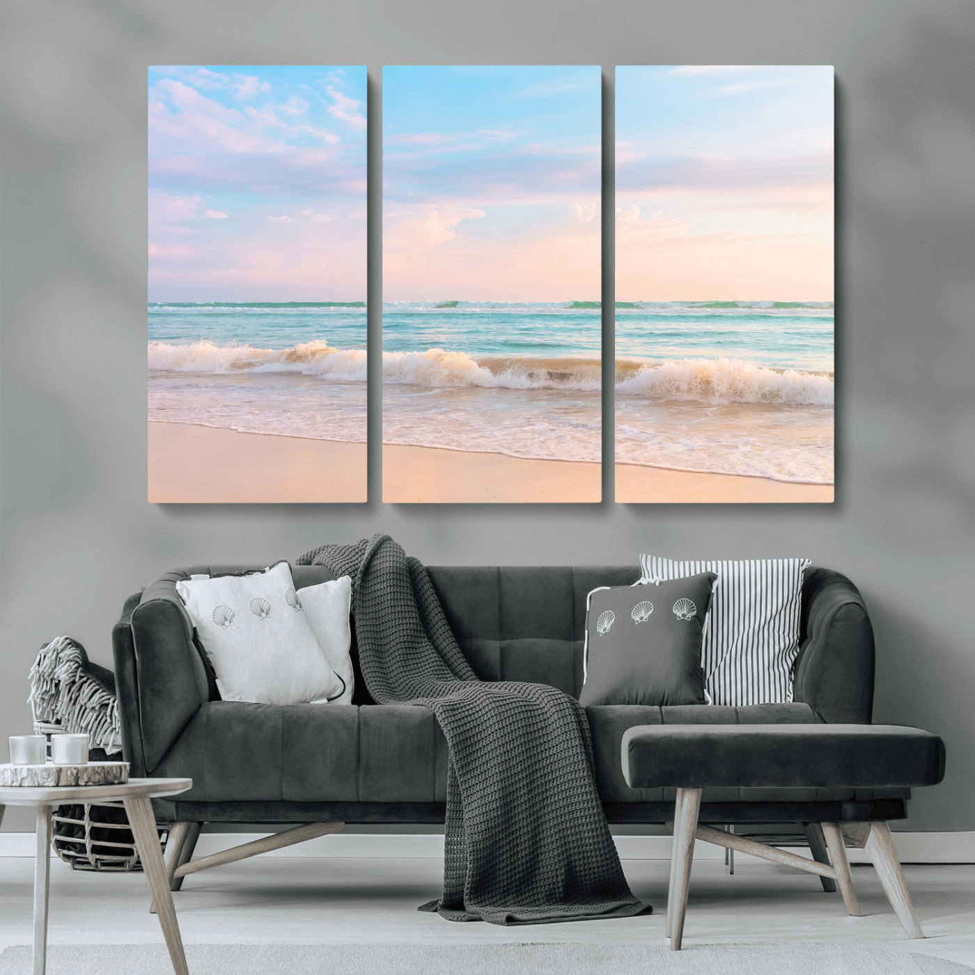 74679437-MGV-CV-36X24-Pastel Ocean Wall Art Canvas Print, Framed Beach Waves Art Picture Print, Soft Sunset Perfect Pastel Coastal Decor Artwork
