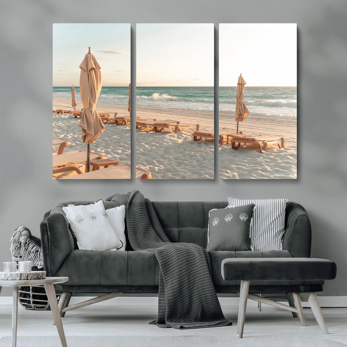58507949-MGV-CV-36X24-Beach Umbrellas Wall Art Canvas Print, Framed Empty Loungers Art Picture Print, Soft Sand Perfect Minimalist Seaside Decor Artwork