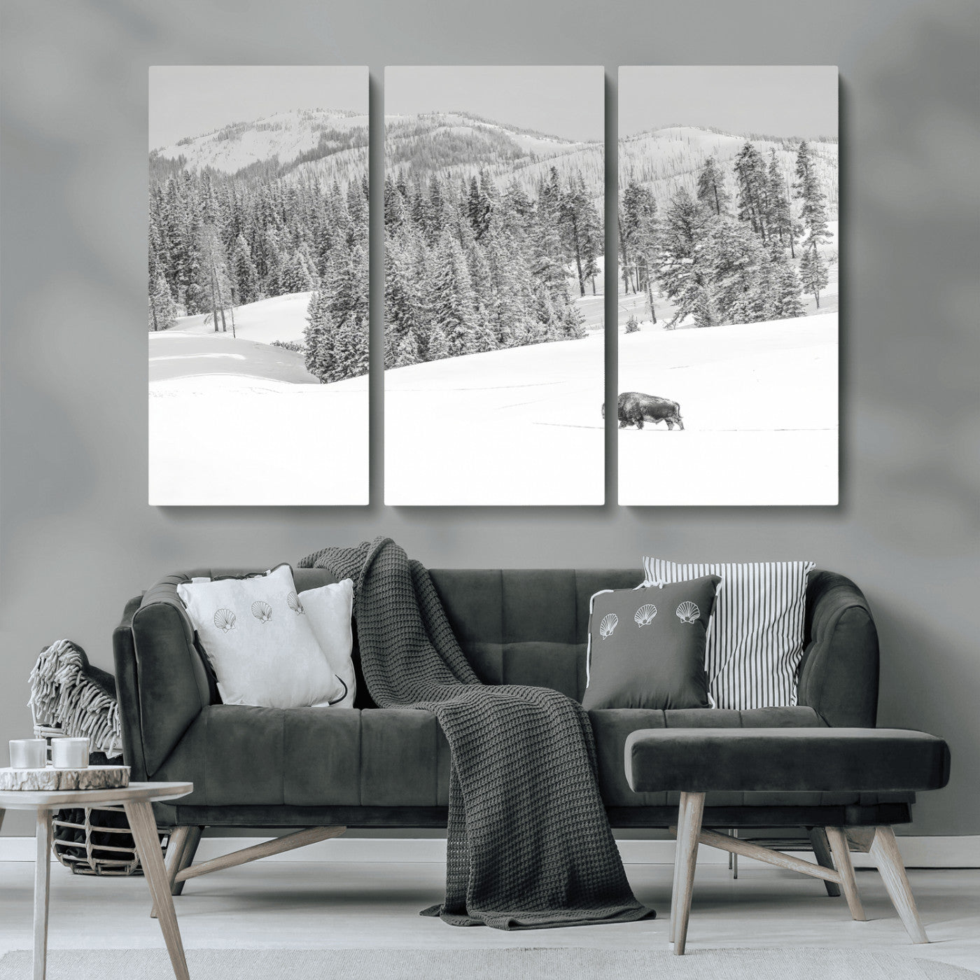 68081143-MGV-CV-36X24-Snowy Bison Wall Art Canvas Print, Framed Winter Forest Art Picture Print, Lone Bison Perfect Monochrome Winter Wild Decor Artwork