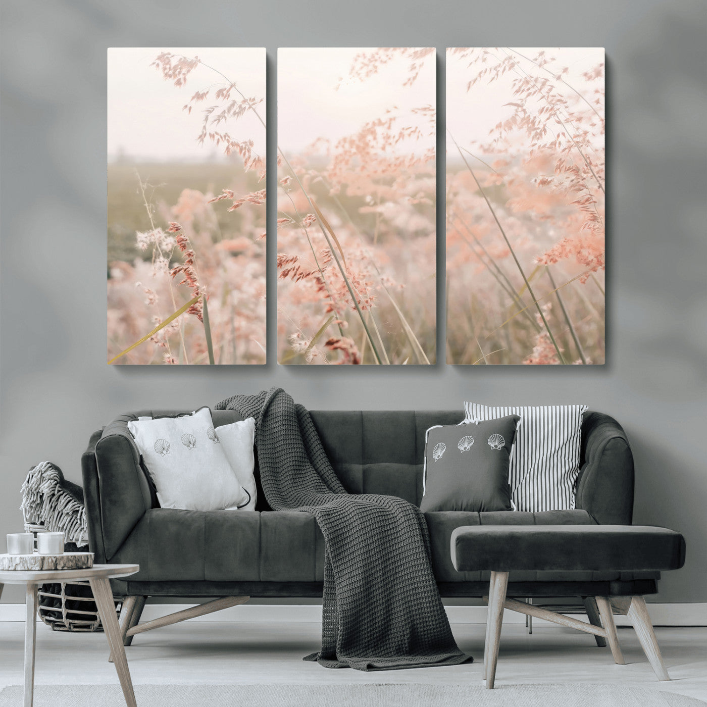 79164340-MGV-CV-48X32-3P-Pastel Grasses Wall Art Canvas Print, Framed Soft Meadow Art Picture Print, Field in Breeze Perfect Pastel Minimal Decor Artwork