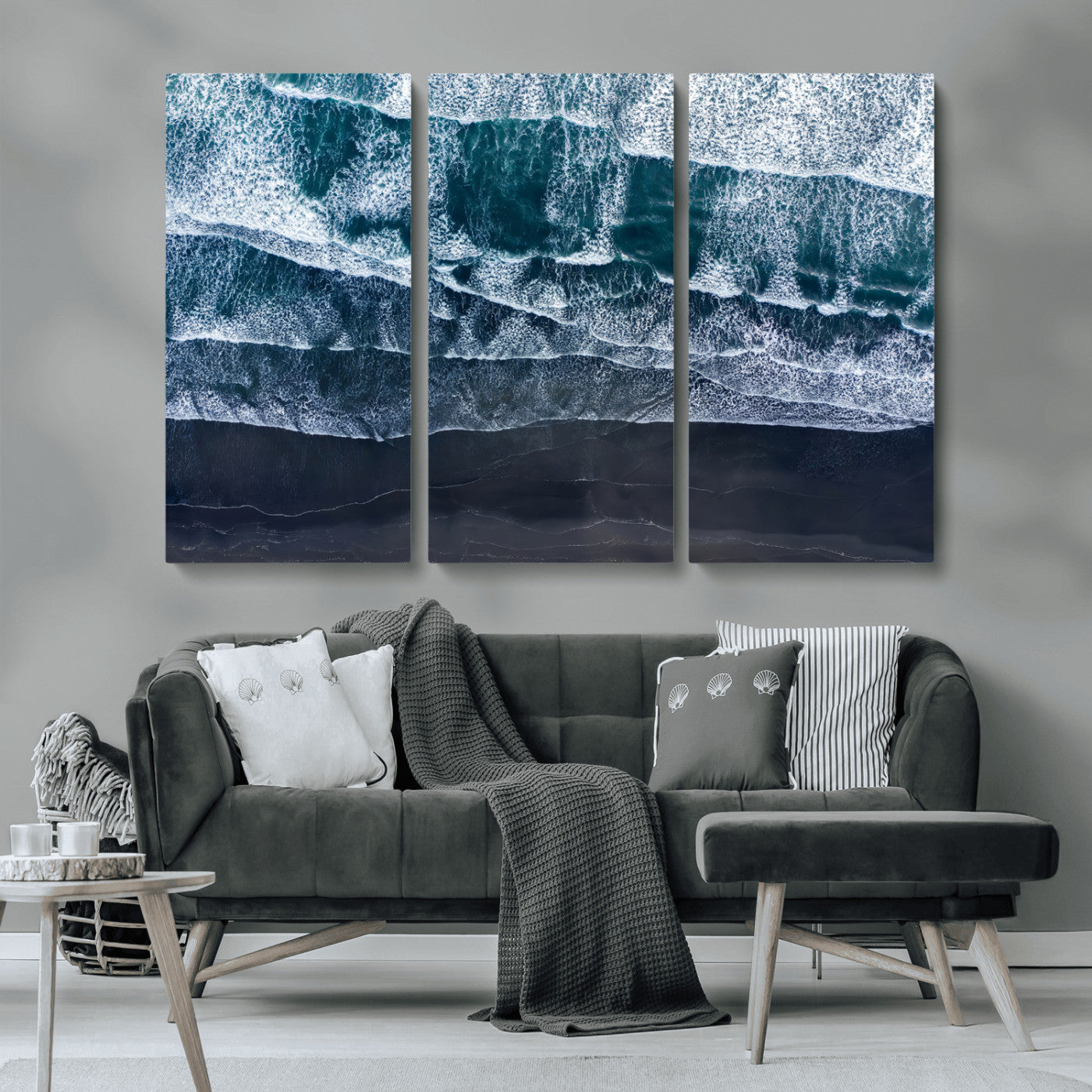 87941475-MGV-CV-36X24-Black Beach Wall Art Canvas Print, Framed Aerial Ocean Art Picture Print, Moody Coastal Perfect Modern Coastal Decor Artwork
