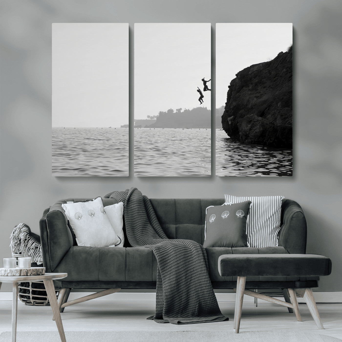 52284302-MGV-CV-36X24-Cliff Jumping Wall Art Canvas Print, Framed Ocean Adventure Art Picture Print, Black White Coast Perfect Modern Coastal Decor