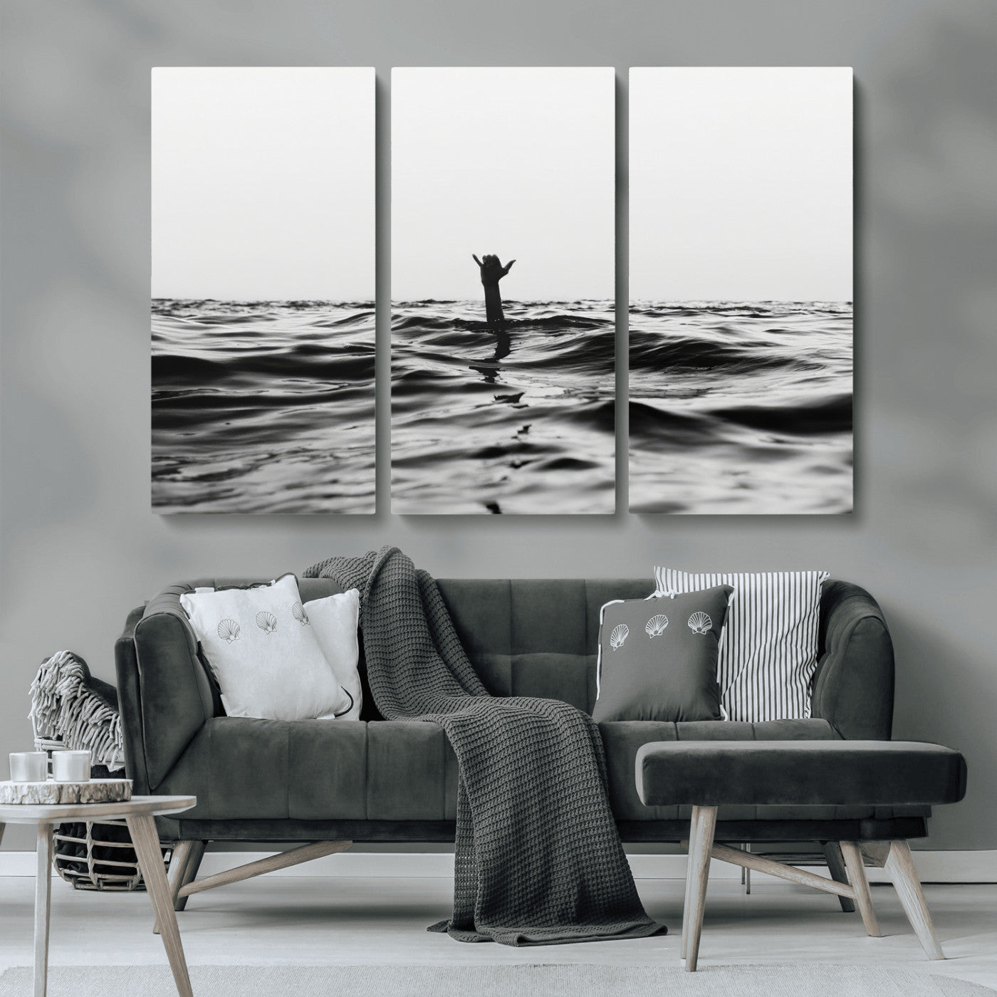 69541918-MGV-CV-36X24-Black White Ocean Wall Art Canvas Print, Framed Moody Seascape Art Picture Print, Surfer Sign Perfect Moody Minimalist Decor