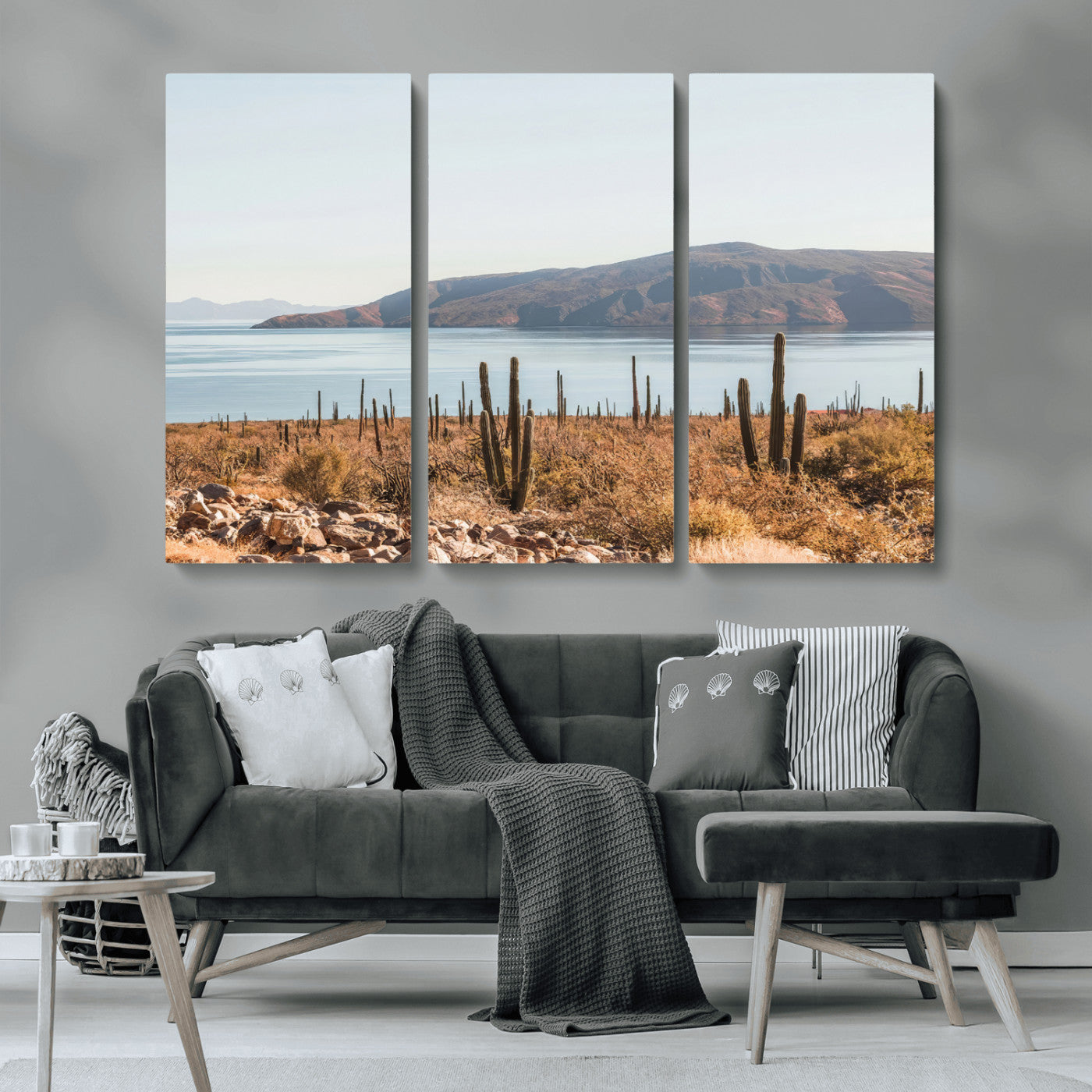 45193515-MGV-CV-36X24-Desert Cactus Wall Art Canvas Print, Framed Baja Coastline Art Picture Print, Coastal Desert Perfect Southwestern Minimalist Decor