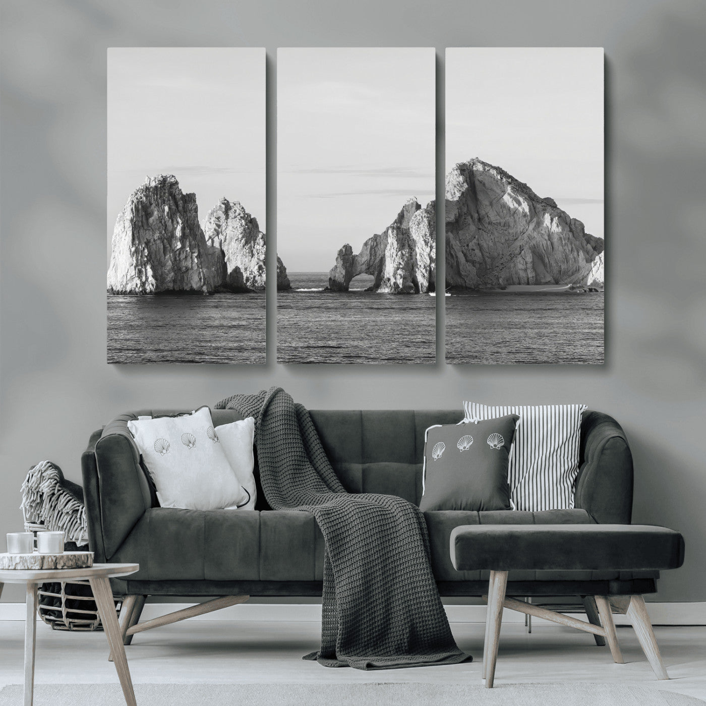 18810731-MGV-CV-36X24-Rugged Coastline Wall Art Canvas Print, Framed Ocean Cliffs Art Picture Print, Monochrome Seascape Perfect Coastal Minimalist
