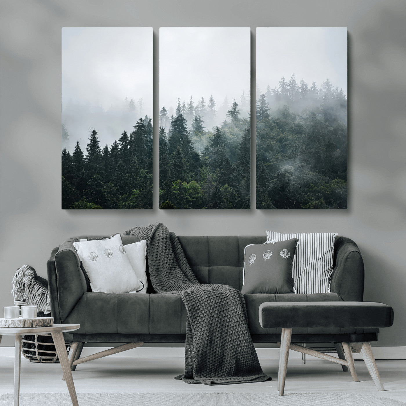 84146572-MGV-CV-36X24-Foggy Pine Trees Wall Art Canvas Print, Framed Forest Nature Art Picture Print, Evergreen Forest Perfect Scandinavian Minimalist