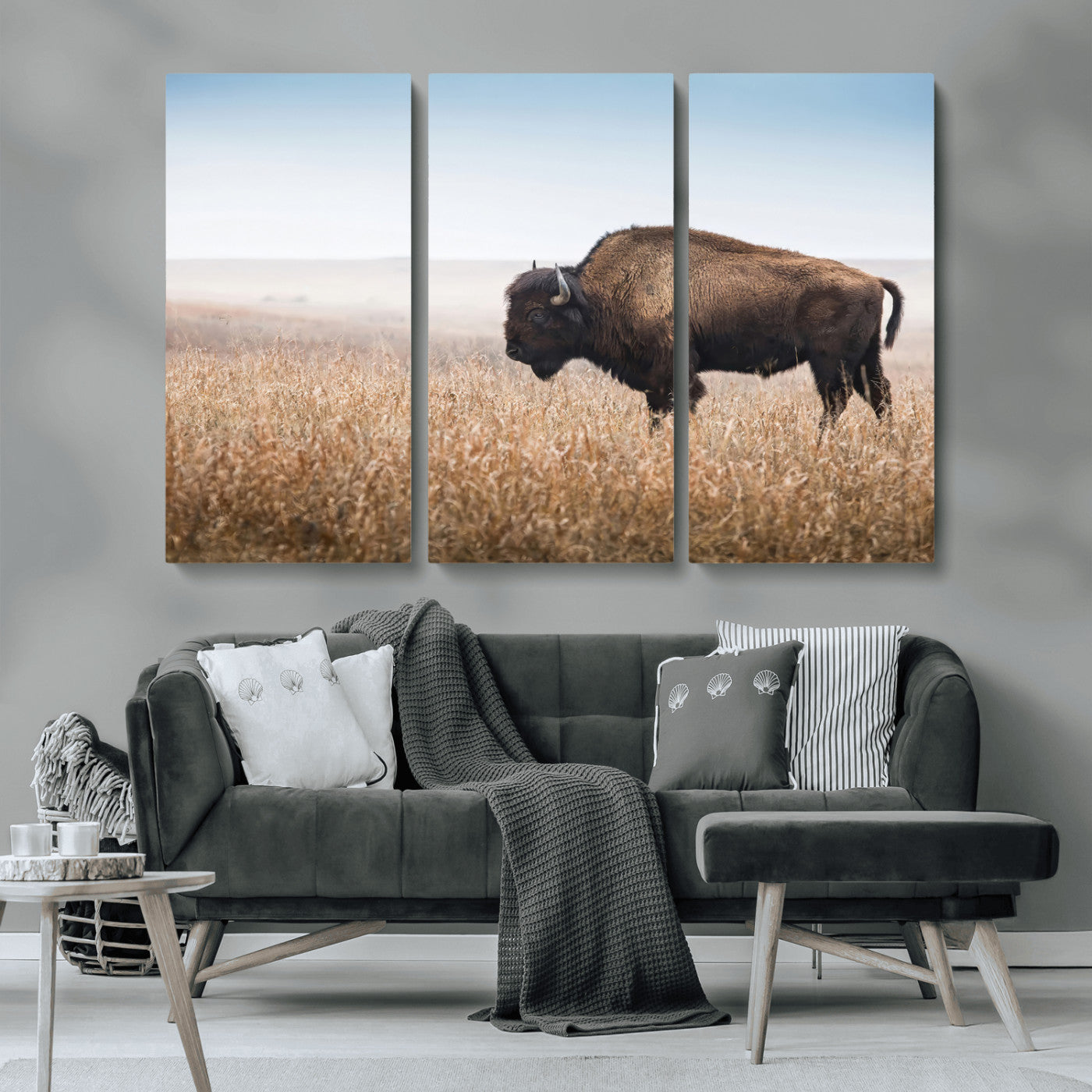 99620201-MGV-CV-36X24-Wild Bison Wall Art Canvas Print, Framed Bison in Prairie Art Picture Print, Rustic Western Perfect Rustic Western Decor Artwork