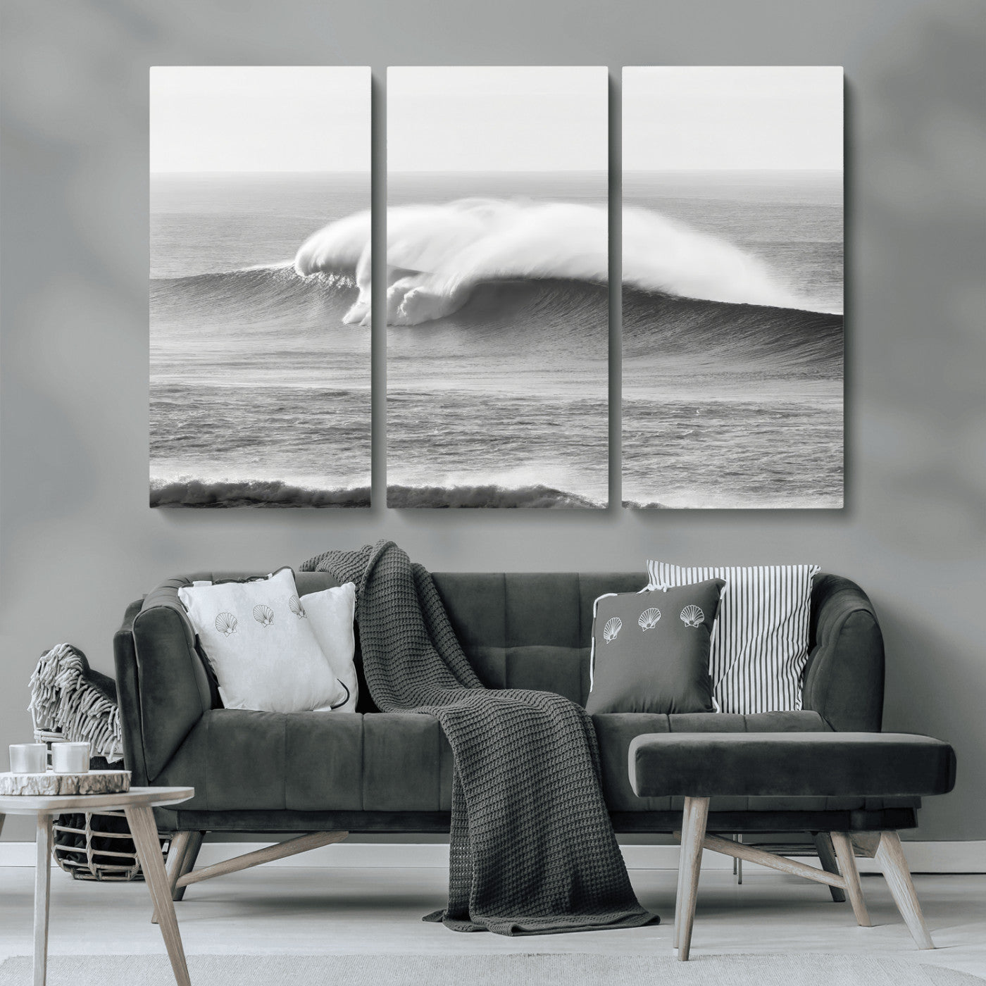 42544082-MGV-CV-36X24-Monochrome Seascape Wall Art Canvas Print, Framed Surf Wave Art Picture Print, Minimalist Ocean Perfect Moody Coastal Decor