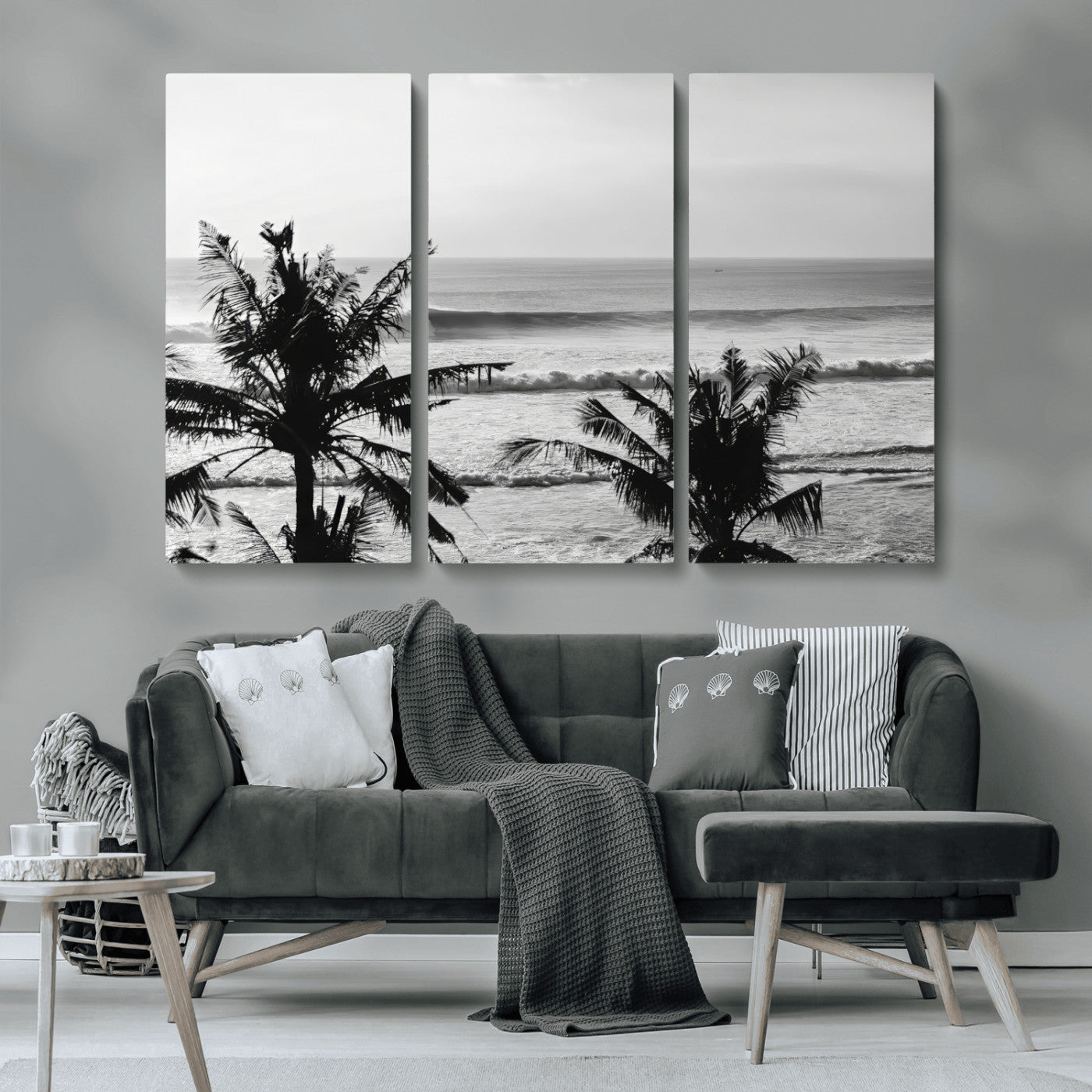 17508038-MGV-CV-36X24-Tropical Coastline Wall Art Canvas Print, Framed Palm Trees Art Picture Print, Ocean Waves Perfect Minimalist Coastal Decor
