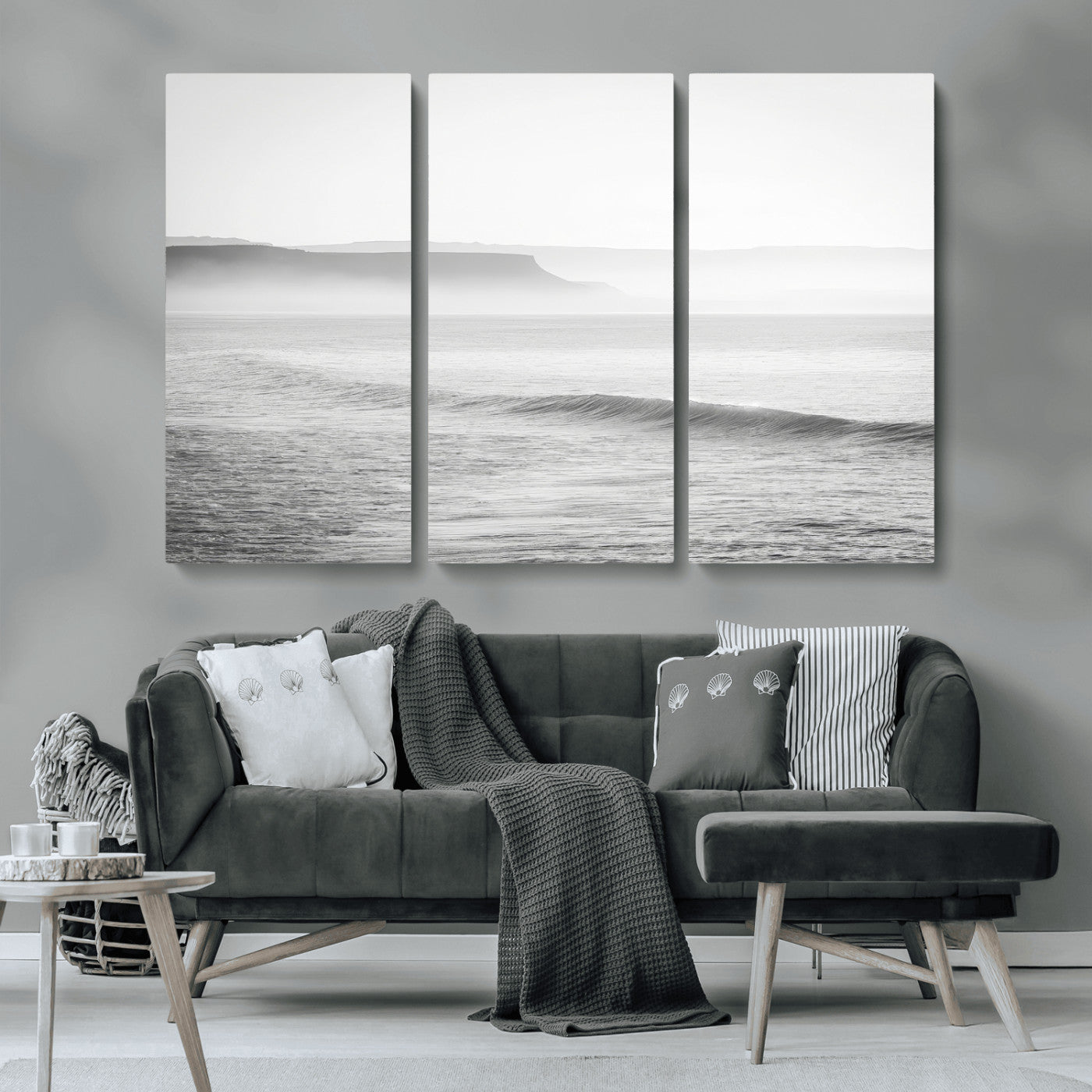 60635783-MGV-CV-48X32-3P-Black White Seascape Wall Art Canvas Print, Framed Ocean Waves Art Picture Print, Misty Coastal Perfect Minimalist Coastal Decor