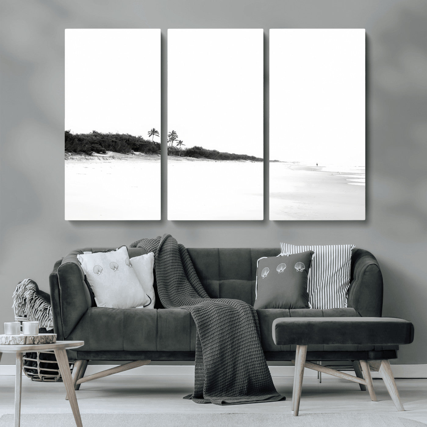 29611516-MGV-CV-36X24-Black White Beach Wall Art Canvas Print, Framed Palm Trees Art Picture Print, Monochrome Tropical Perfect Minimalist Coastal Decor