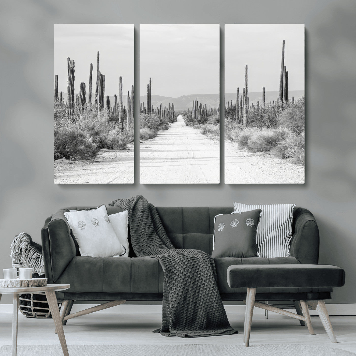 35537313-MGV-CV-36X24-Monochrome Desert Wall Art Canvas Print, Framed Cactus Path Art Picture Print, Southwestern Landscape Perfect Southwestern